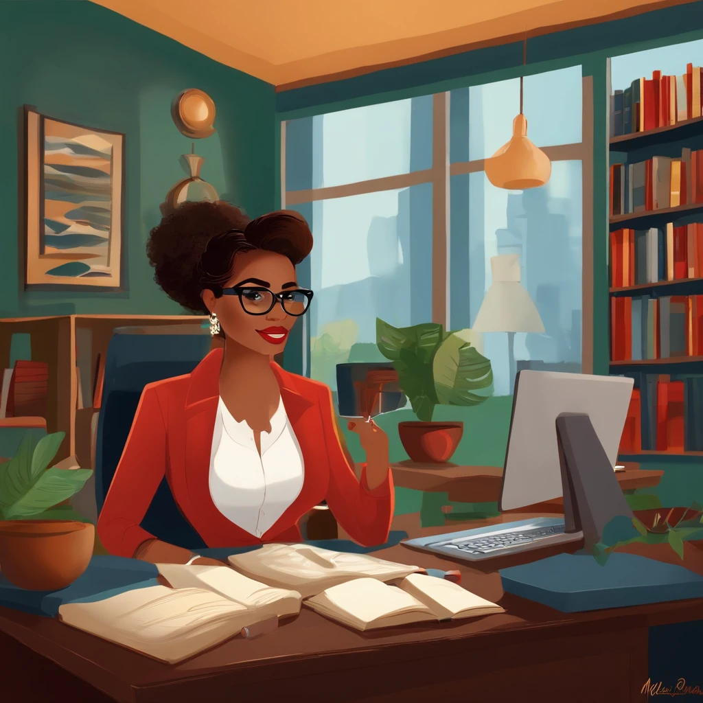 Gere uma imagem estilo Disney pixar, mulher, cabelo preto medio cacheados, boca carnuda com um batom vermelho, pouco fofinha, Black Square Glasses, brincos dourados, Pele branca, Sitting at desk in front of computer with a mug of coffee in hand, blusa verde e um blazer cinza. Background of the image is a navy blue wall with a bookshelf full of books and a window, um quadro com sua foto na parede, ela parece estar muito feliz trabalhando. Her name is Maila