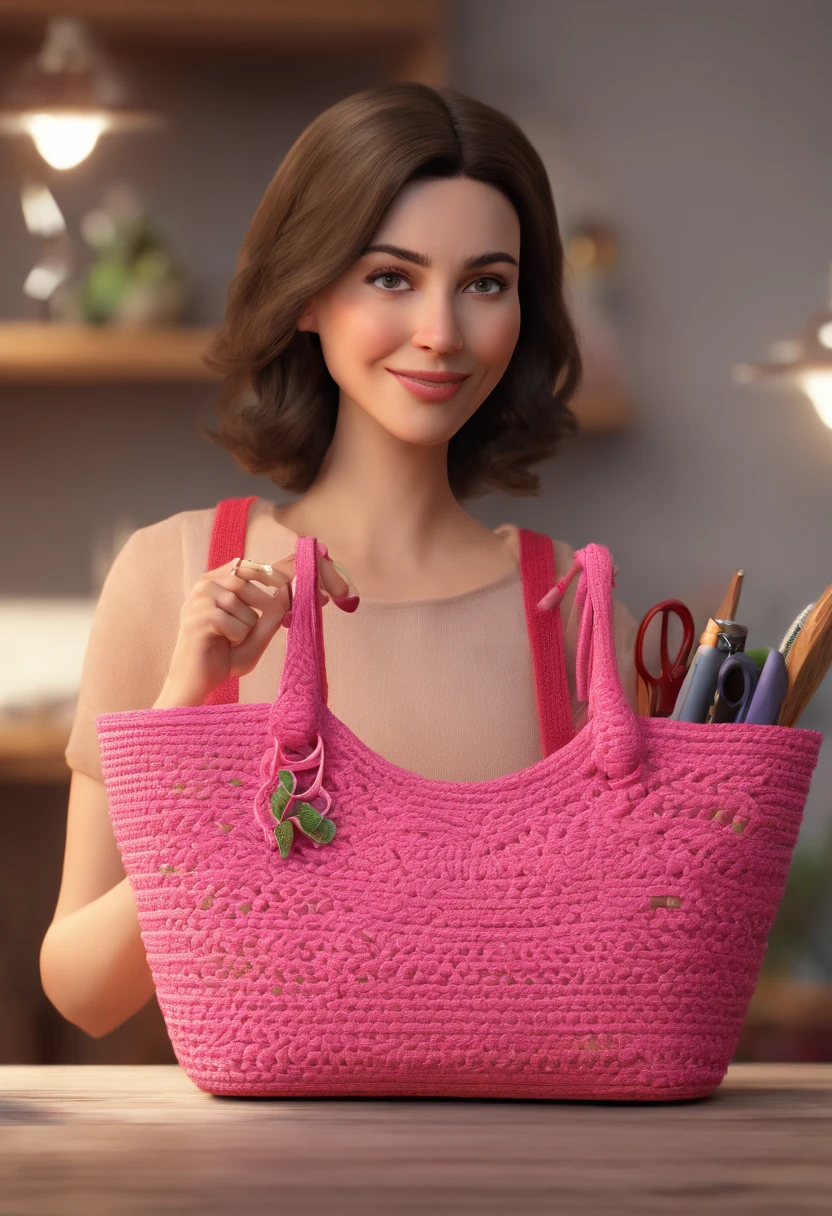 (best quality,4k,8k,Alto,master part:1.2),ultra-detalhado,(Realistic,fotorrealista,photo-realistic:1.37),Estilo Pixar: Uma mulher morena clara de 48 anos, with medium shoulder-length hair, Crochet a pink purse, Holding a crochet hook in her hand, Sitting at a table with a crochet bag shelf background.