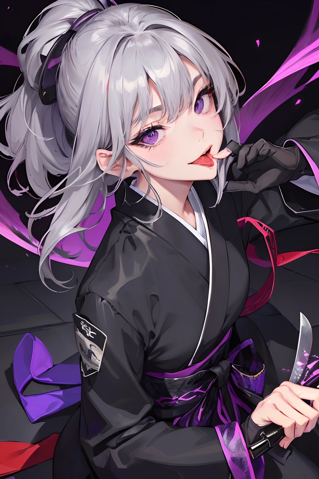 Official art, ​masterpiece, Sharp Focus, japanaese girl, Solo, Delicate Beautiful Hair and Eyes and Face, Realistic, Ultra-detailed, sinner, Attacks, Dynamic Angle, From  above, Looking Up, Dramatic Lighting, Night, Scenery, short gray hair, Evil smile, Show your teeth and smile, Shaggy hair, (Black Ninja Uniform), stained clothes, ragged clothes, tatteredclothing, dark backgrounds, Purple eyes, bend one leg, ((Licking the knife with your tongue)), (Close-up knife), Purple muffler