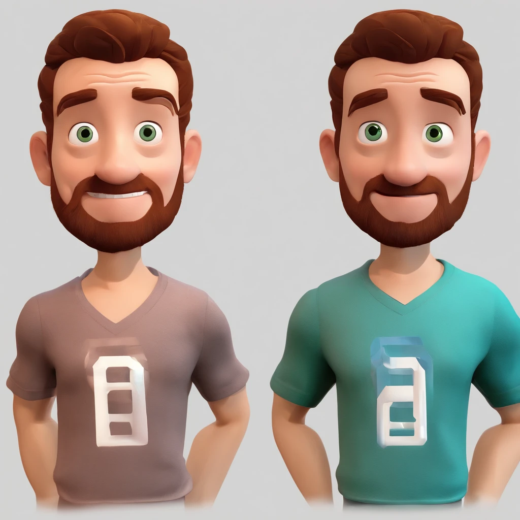 Criar um personagem no estilo Pixar. Trata-se de um homem de 30 anos, com barba, Branco, com cabelos castanhos curtos e um quiff, e olhos castanhos. Ele deve estar na frente de um computador, Trabalhar como designer