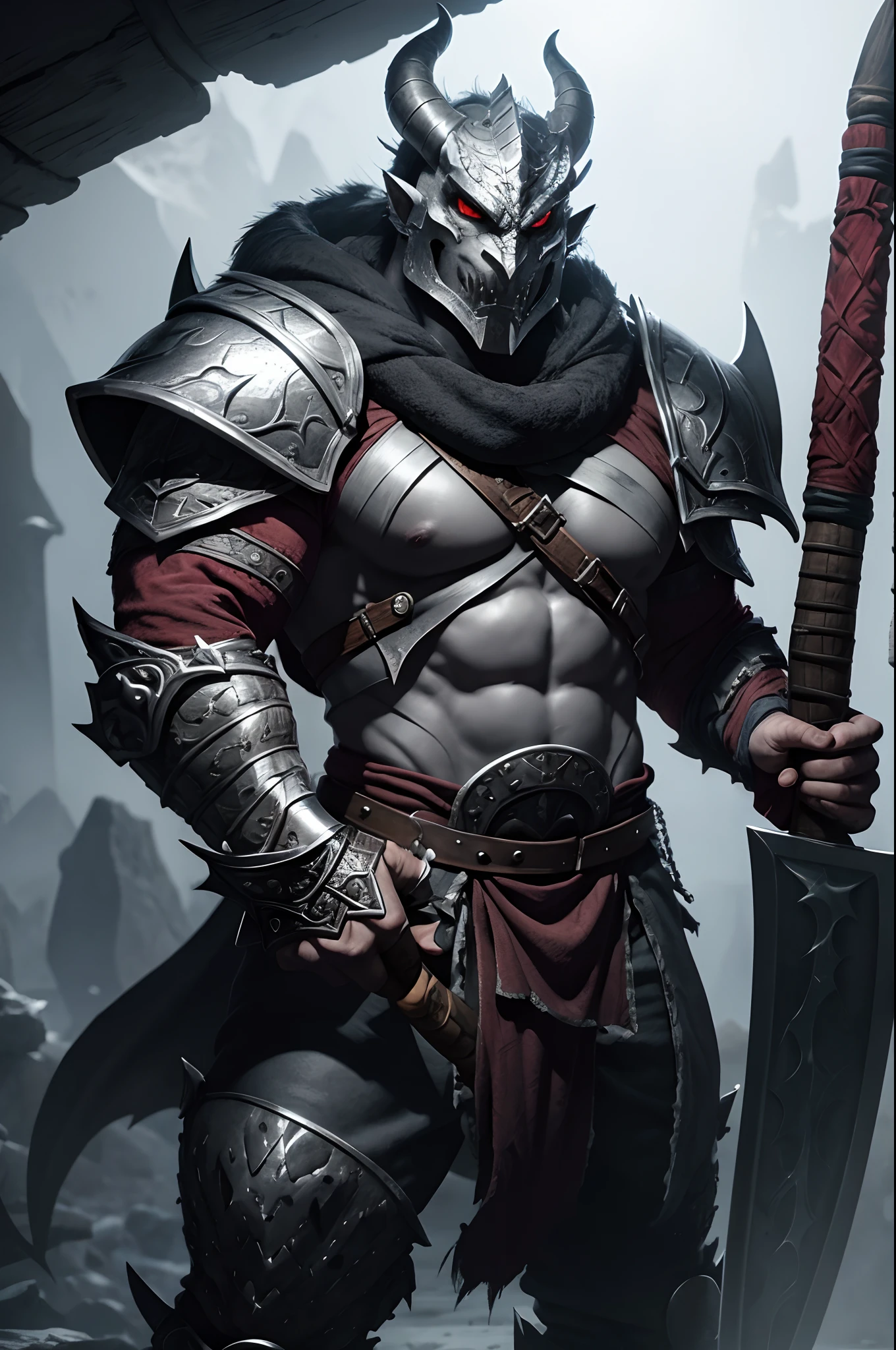 Varkas the Unbroken stands amidst the carnage of the battlefield, his eyes scanning the horizon for any remaining foes. The stench of blood and steel hangs thick in the air, but Varkas remains unfazed. He raises his massive sword, still dripping with the crimson essence of his fallen enemies, and lets out a thunderous roar that echoes across the desolate landscape.