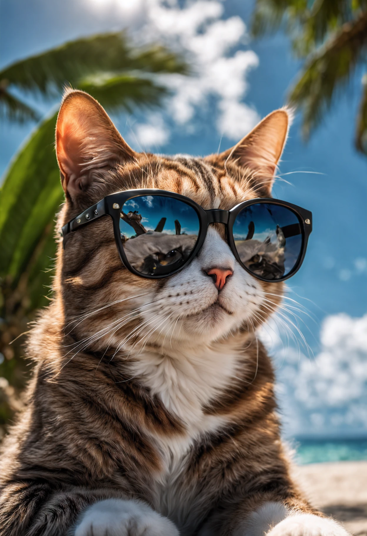 hyper detailed photograph of a cat wearing sunglasses under a tropical sky, daytime,|photographic, realism pushed to extreme, fine texture, incredibly lifelike, cinematic, large format camera, photo realism, DSLR, 8k uhd, hdr, ultra-detailed, high quality, high contrast