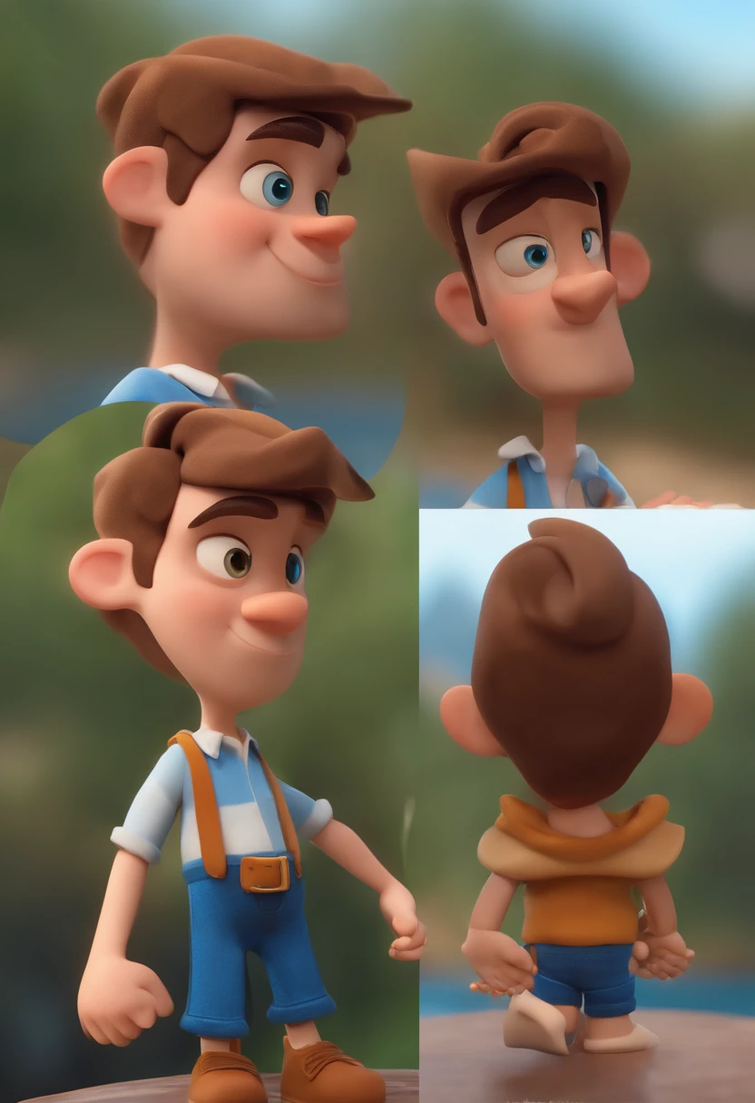 Personagem dos desenhos animados de um garoto, cabelo castanho marrom escuro e uma camisa azul, animation character, Caractere estilizado, animation style rendering, 3D estilizado, Arnold Maya render, 3 d render stylized, toon render keyshot, Personagem 3D, Personagem 3D, 3d rendering stylized, 3 d character render, personagem de desenho animado, Personagem de close up, Pose de personagem,  (Estilo Pixar) (master part:1.2) (Bokeh) (best quality) (pele detalhada) (textura detalhada) (8k) (argila) (Cinematic lighting) (foco nítido).
