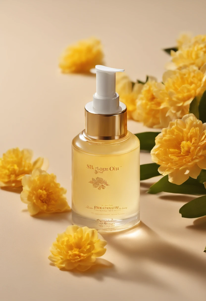 (Best quality,4K,8K,A high resolution,Masterpiece:1.2),Ultra-detailed,(Realistic,Photorealistic,photo-realistic:1.37),One bottle（Huang Jixiu）Close-up of cleansing oil and selected flowers, Clean face and body skin, Skincare, skin care, Take a picture of your skincare brand, Product photography, professional product shot, products shot, products shot, product display photograph, professional product photo, products shot, Minimalist design, photo product, natural skin tones, Clean gloss, natural skin tones, miniature product photo
