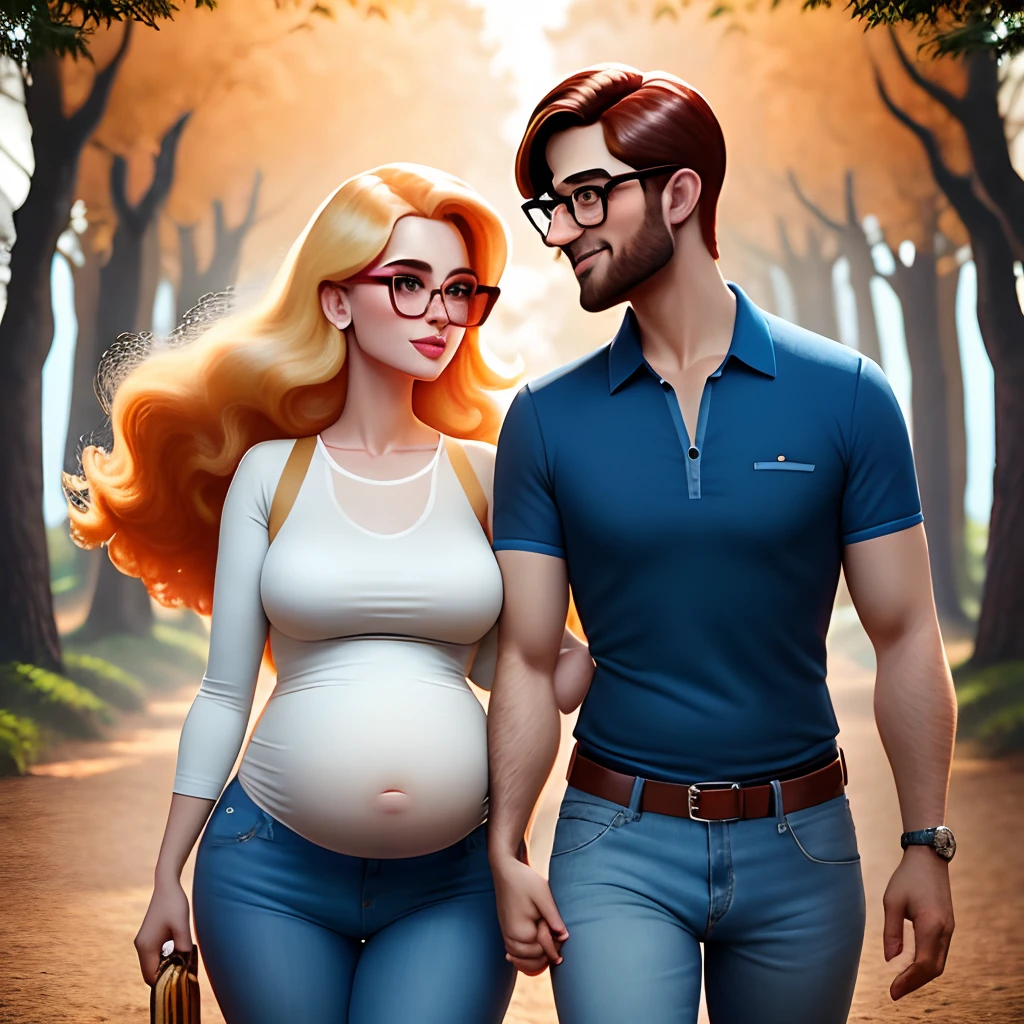 Create a Pixar Disney-style poster of a couple in love embracing, Homem alto forte de cabelo castanho, barba rala ruiva, olhos castanhos, Wearing rectangular glasses and blue shirt and light jeans. Pregnant woman light brown straight hair with blonde highlights, olhos azuis, usando um vestido midi vermelho com pequenas flores brancas e jaqueta jeans. Fundo de um bosque.