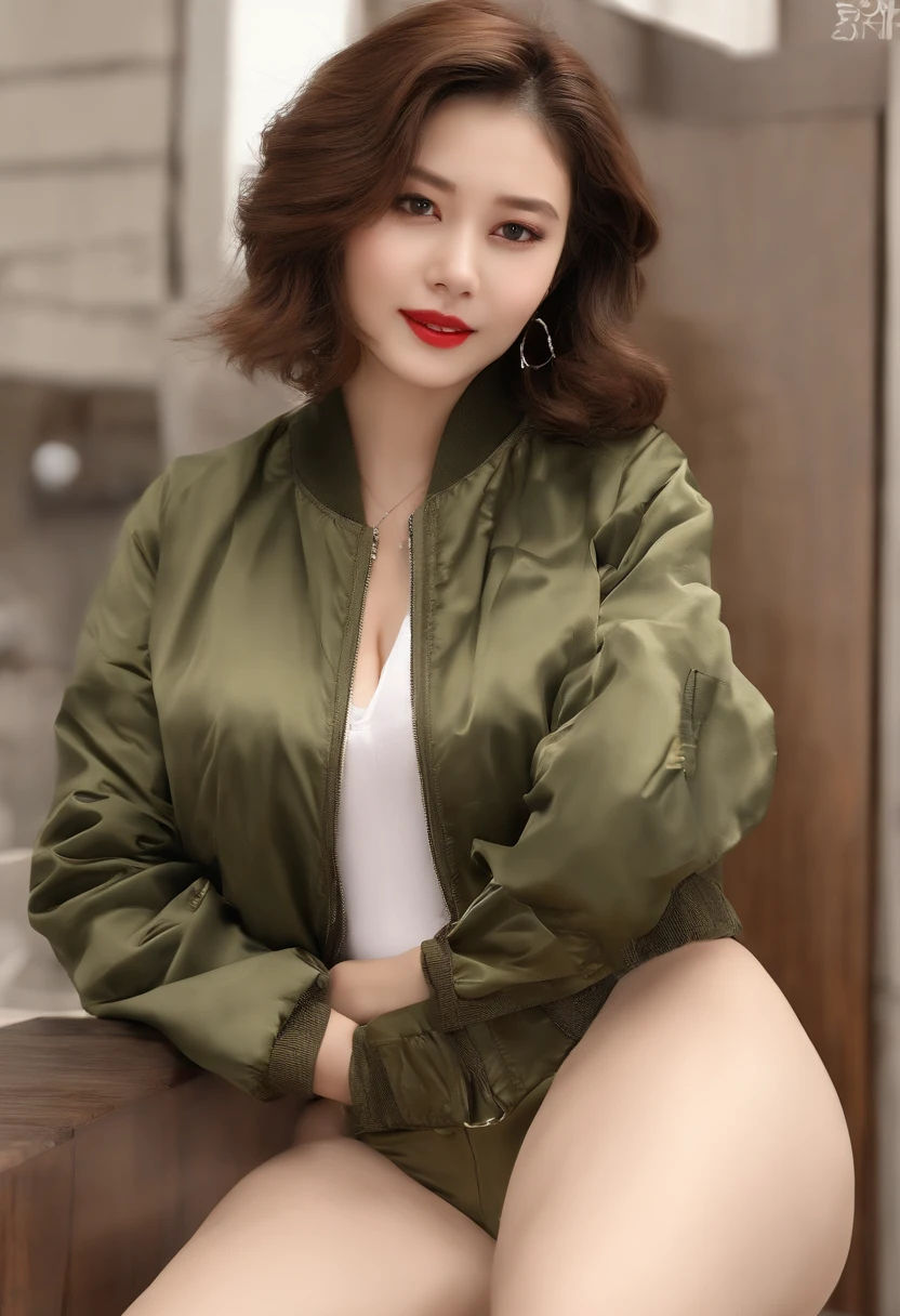 (masutepiece), (Best Quality), Realistic, Photorealism, 1girl in, Beautiful Girl, Perfect face, Perfect body, Sexy, (((Upper body wearing only moss green MA-1 jacket)))、(((Do not close the zipper))), No bra, Braless, Smile、Taut、Toned waist、fascinating butt、Don't wear panties、(((Wearing MA1 jacket only)))、Wearing a pistol holder on the thigh、Smile full of happiness、Attractive pretty woman、Detailed cute big blue eyes、Detailed cute face、complexion with good blood circulation、pink cheek、Dark brown medium hair、(((stick out)))、 ((Expression in a state of excitement))、(((The upper body is almost naked,)))、(((Pubic hair is visible in the crotch)))、(((Lower body naked)))、(((Panoramic view of the lower body)))、(((Trying to hide the crotch with your hands)))、(((())))、(((SEX)))、((yawning being))、(((Sex on all fours)))