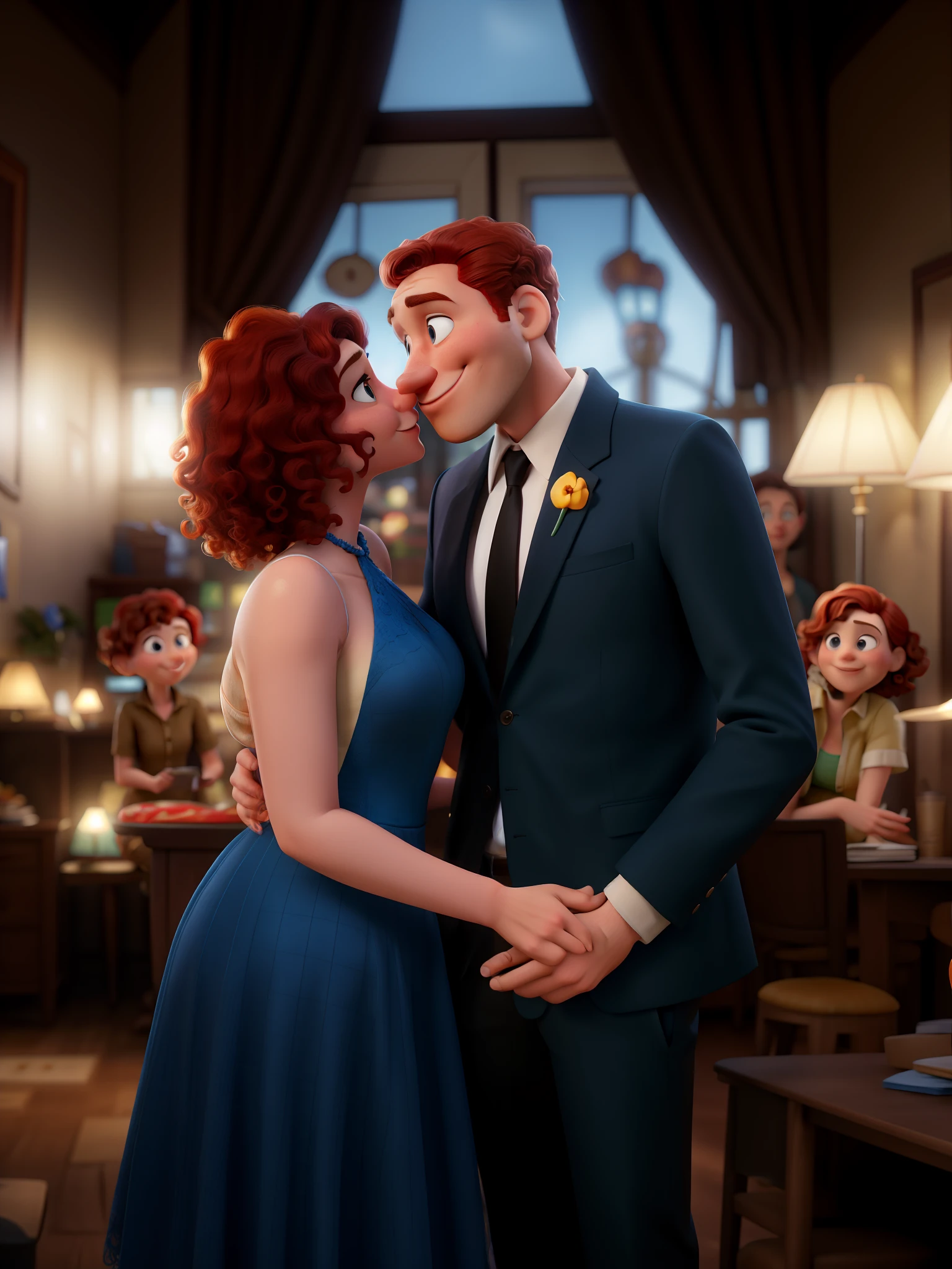 Disney Pixar Cartoon type B, 3d, pixar 3d, woman with red hair, woman with short hair, woman with curly hair, woman in blue dress, woman with big eyes.
man with blond hair. man smiling. man short hair, man's hair yellow. man with a small ear, he in a suit and she in a dress. casal se beijando