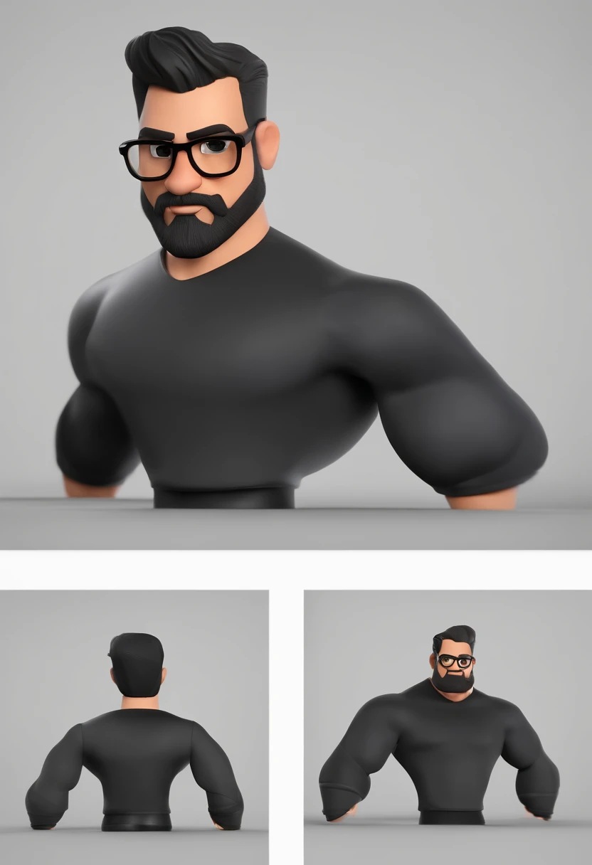 Cartoon character of a man with black glasses and a black polo shirt, cabelo liso, With beard and old school tattoo on his arm, animation character, Caractere estilizado, animation style rendering, 3D estilizado, Arnold Maya render, 3 d render stylized, toon render keyshot, Personagem 3D, Personagem 3D, 3d rendering stylized, 3 d character render, personagem de desenho animado, Personagem de close up, Pose de personagem,  (Estilo Pixar) (master part:1.2) (Bokeh) (best quality) (pele detalhada) (textura detalhada) (8k) (argila) (Cinematic lighting) (foco nítido