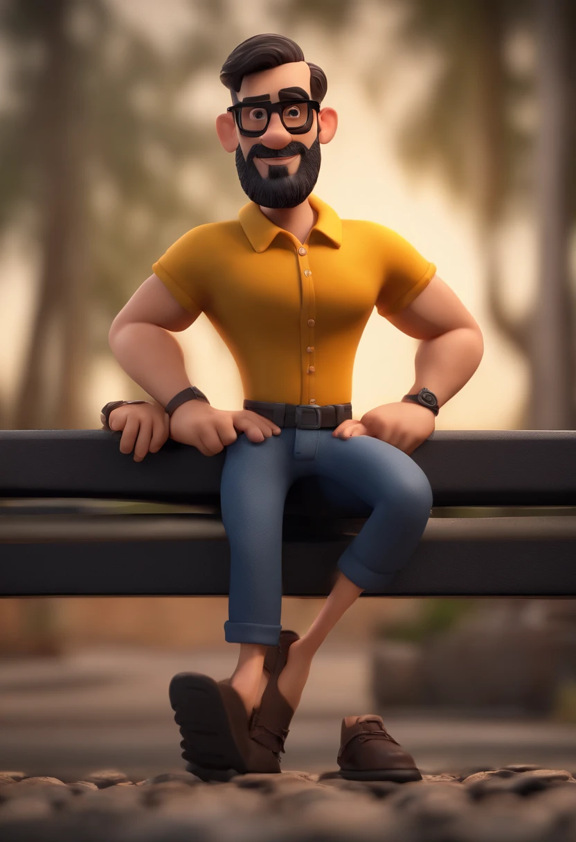 Cartoon character of a man with black glasses and a black polo shirt, cabelo liso, With beard and old school tattoo on his arm, animation character, Caractere estilizado, animation style rendering, 3D estilizado, Arnold Maya render, 3 d render stylized, toon render keyshot, Personagem 3D, Personagem 3D, 3d rendering stylized, 3 d character render, personagem de desenho animado, Personagem de close up, Pose de personagem,  (Estilo Pixar) (master part:1.2) (Bokeh) (best quality) (pele detalhada) (textura detalhada) (8k) (argila) (Cinematic lighting) (foco nítido