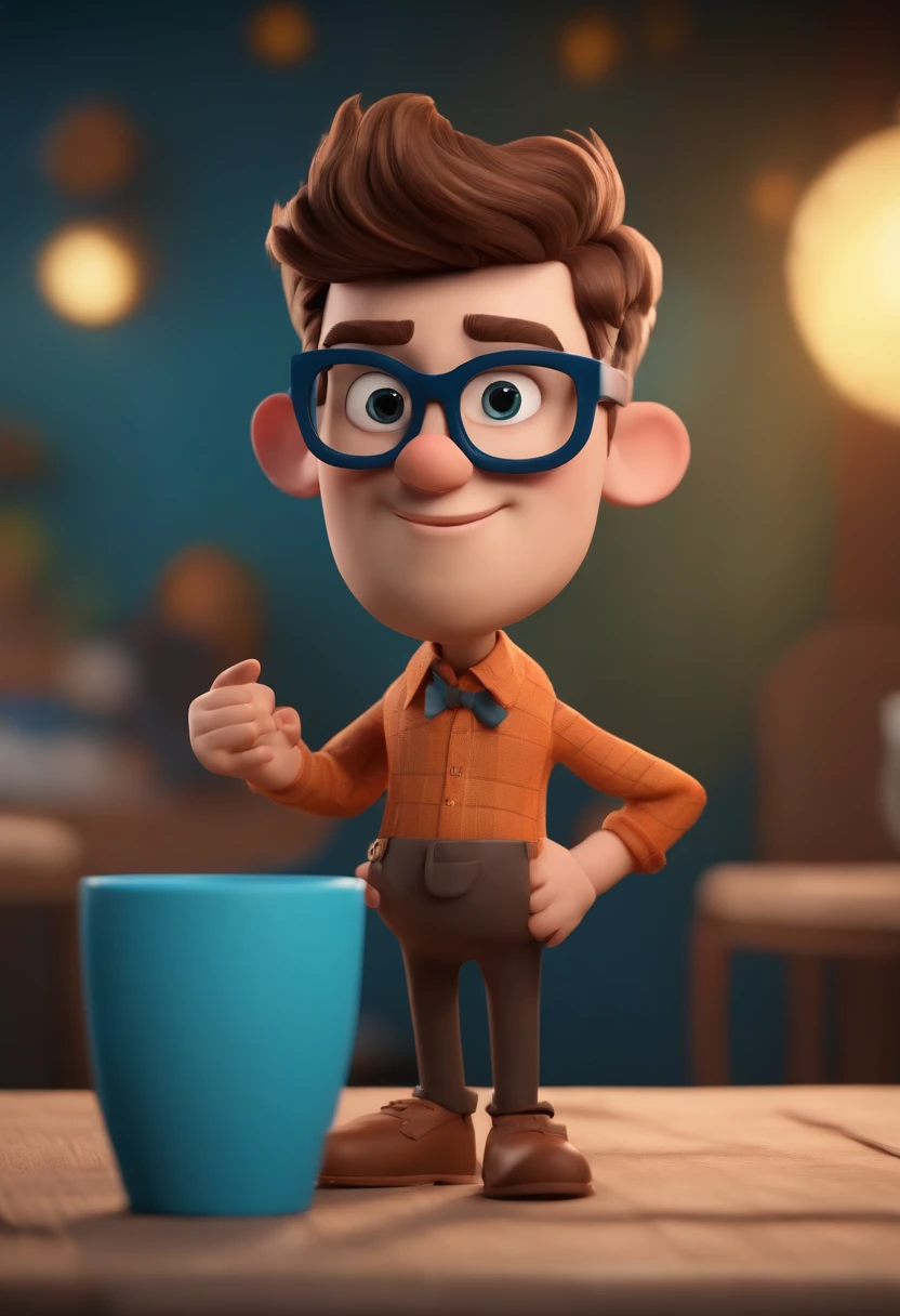 Cartoon character of a man wearing black glasses and a blue shirt, um personagem animado, Caractere estilizado, animation style rendering, 3D estilizado, Arnold Maya render, 3 d render stylized, toon render keyshot, Personagem 3D, Personagem 3D, 3d rendering stylized, 3 d character render, personagem de desenho animado, Personagem de close up, Pose de personagem, (Estilo Pixar) (master part:1.2) (Bokeh) (best quality) (pele detalhada) (textura detalhada) (8k) (argila) (Cinematic lighting) (foco nítido，Senta e vaza a parte superior do corpo