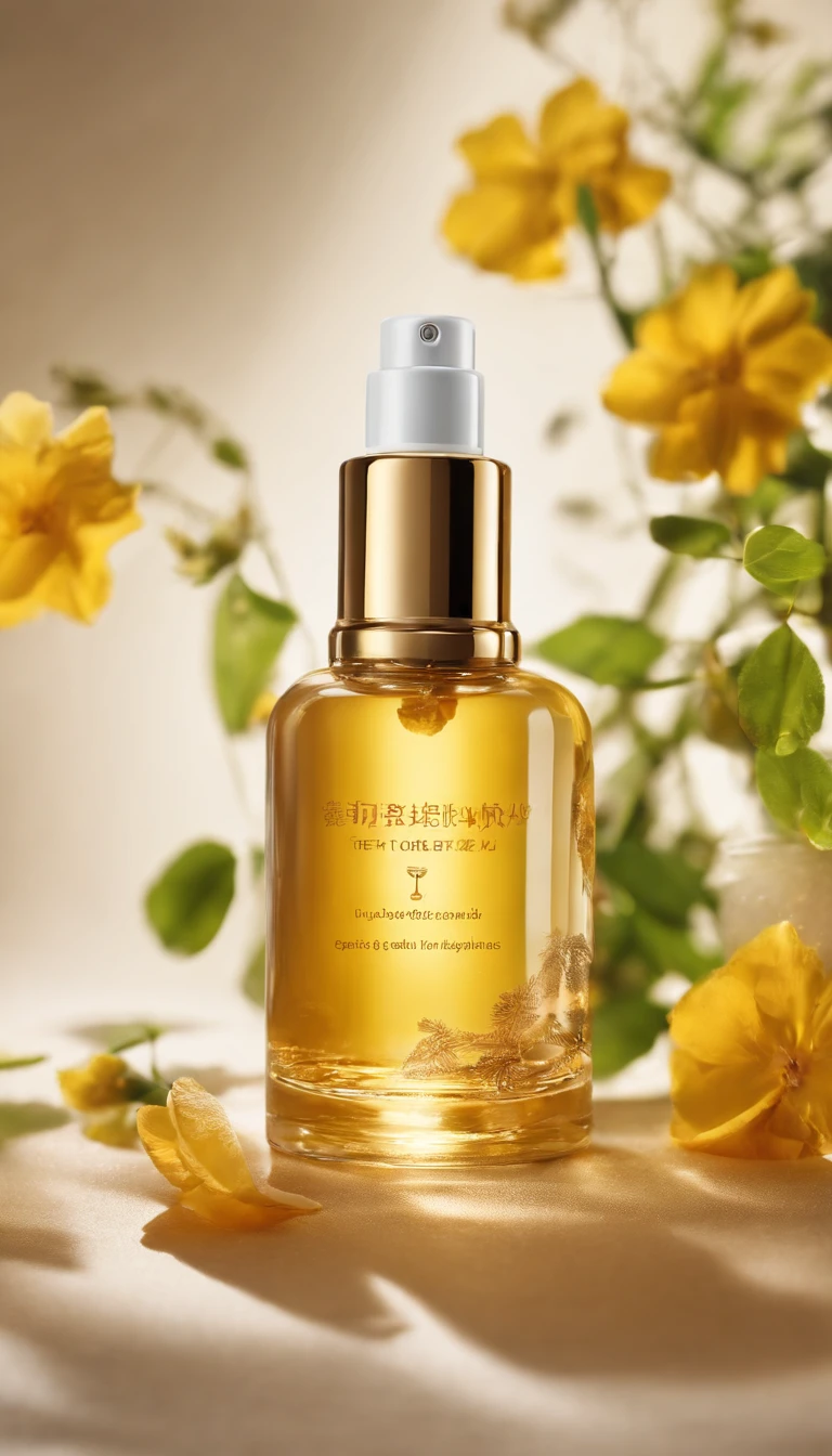 (Best quality,4K,8K,A high resolution,Masterpiece:1.2),Ultra-detailed,(Realistic,Photorealistic,photo-realistic:1.37),One bottle(Huang Jixiu)Close-up of cleansing oil and selected flowers, Clean face and body skin, Skincare, skin care, Take a picture of your skincare brand, Product photography, professional product shot, products shot, products shot, product display photograph, professional product photo, products shot, Minimalist design, photo product, natural skin tones, Clean gloss, natural skin tones, miniature product photo