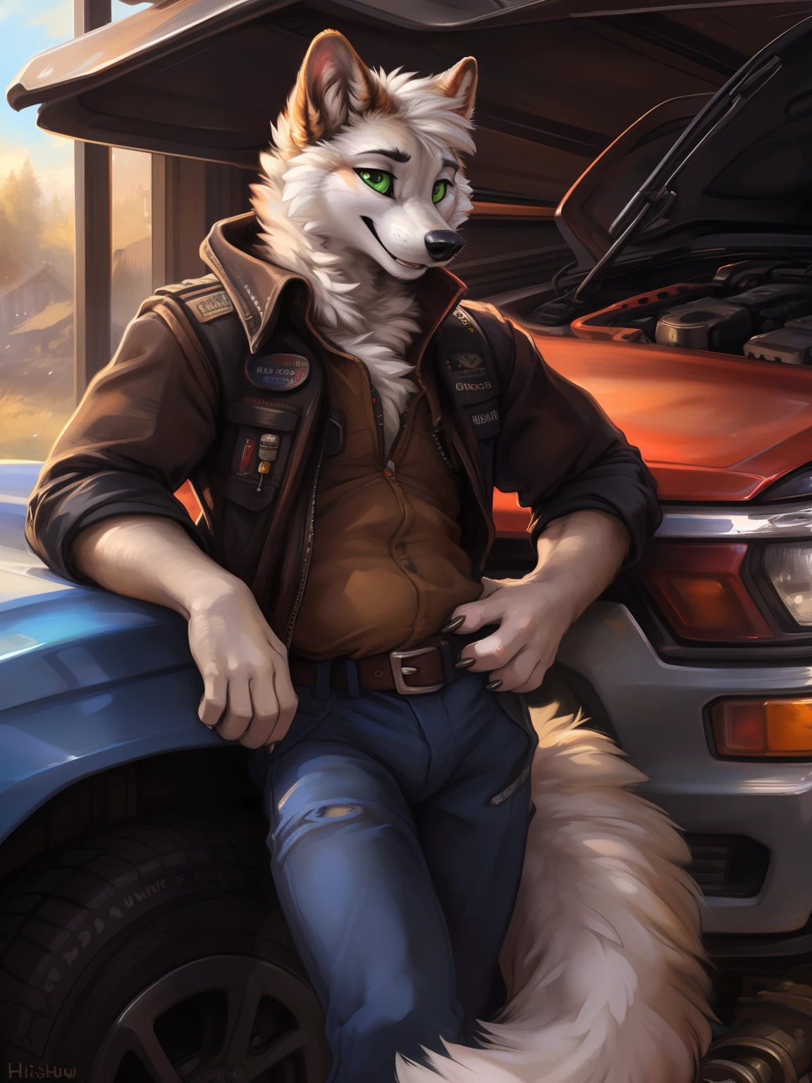 (by hioshiru and kenket and dimwitdog, Michael &amp; Inessa Garmash, Ruan Jia, Pino Daeni, Chunie), Arctic fox green eyes, black pupils, white Sclera, handsome, cinematic, fluffy, tail, big tail, mane, pinup, chubby, smiling, mechanic outfit, thick tail, dilf, garage background, leaning against car, engine bay, under hood, towl on neck