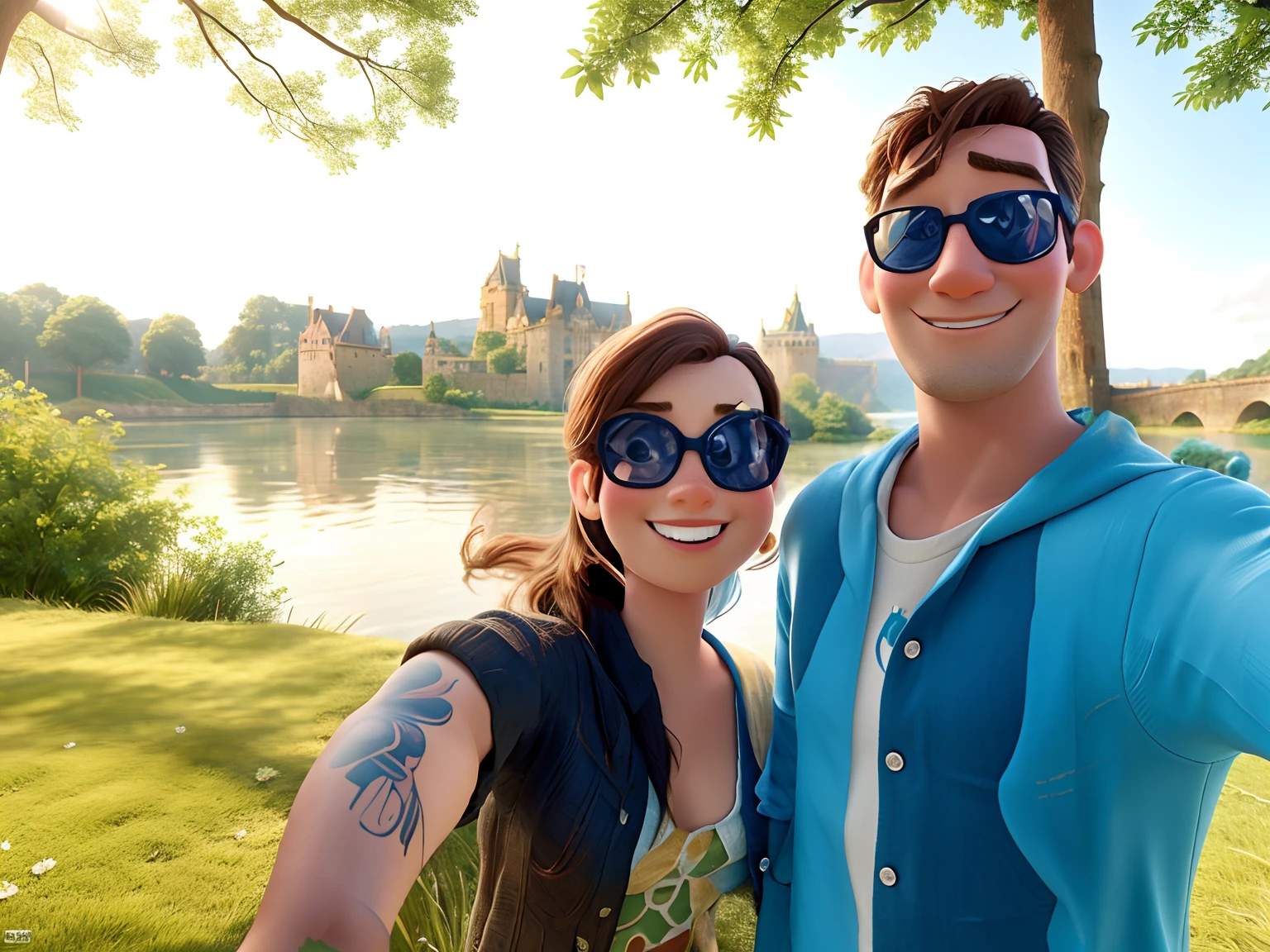 Pixar style, there is a man and woman taking a selfie by the water, with a castle in the background, high quality