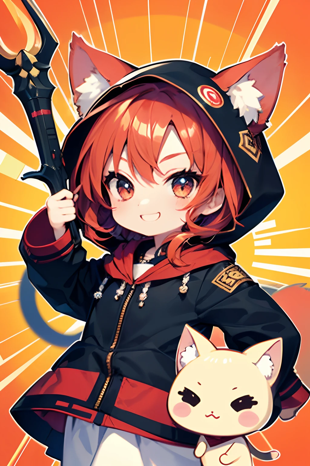 (Chibi:1.3)、独奏 soio Happiness、Hoplite Costume、With weapons、Hoplite Pose Chibi Chara Red hair Nekomimi A smile Wearing a hood