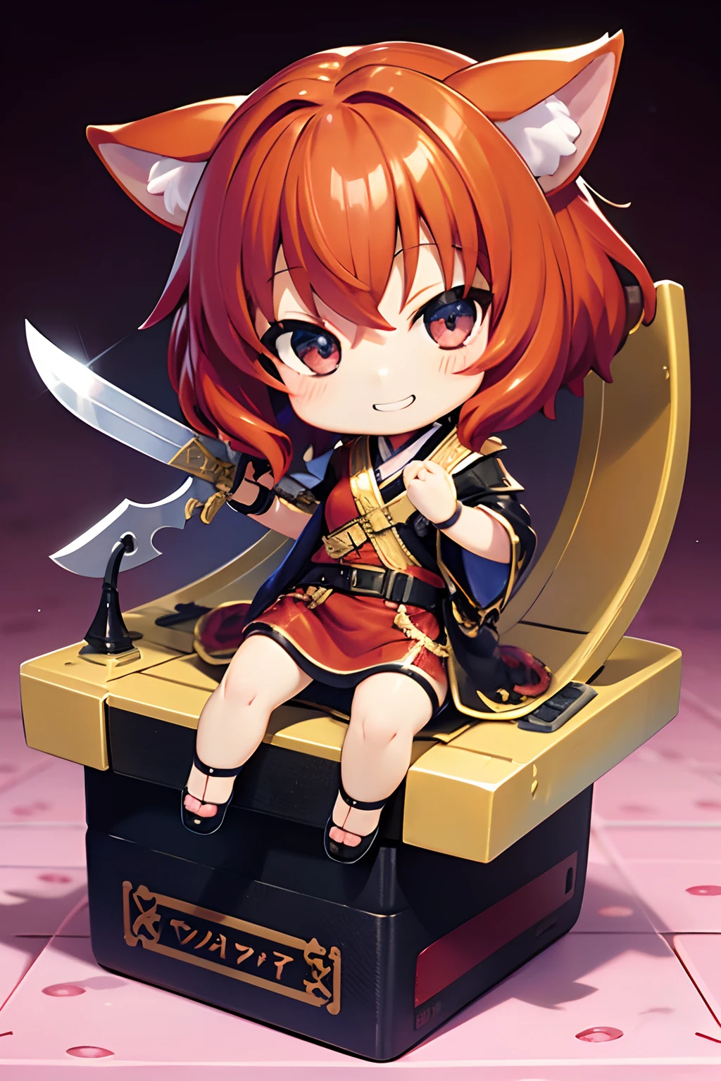 (Chibi:1.3)、Happiness、(nendoroid)、Hoplite Costume、With weapons、Hoplite Pose Chibi Chara Red hair Nekomimi a smile
