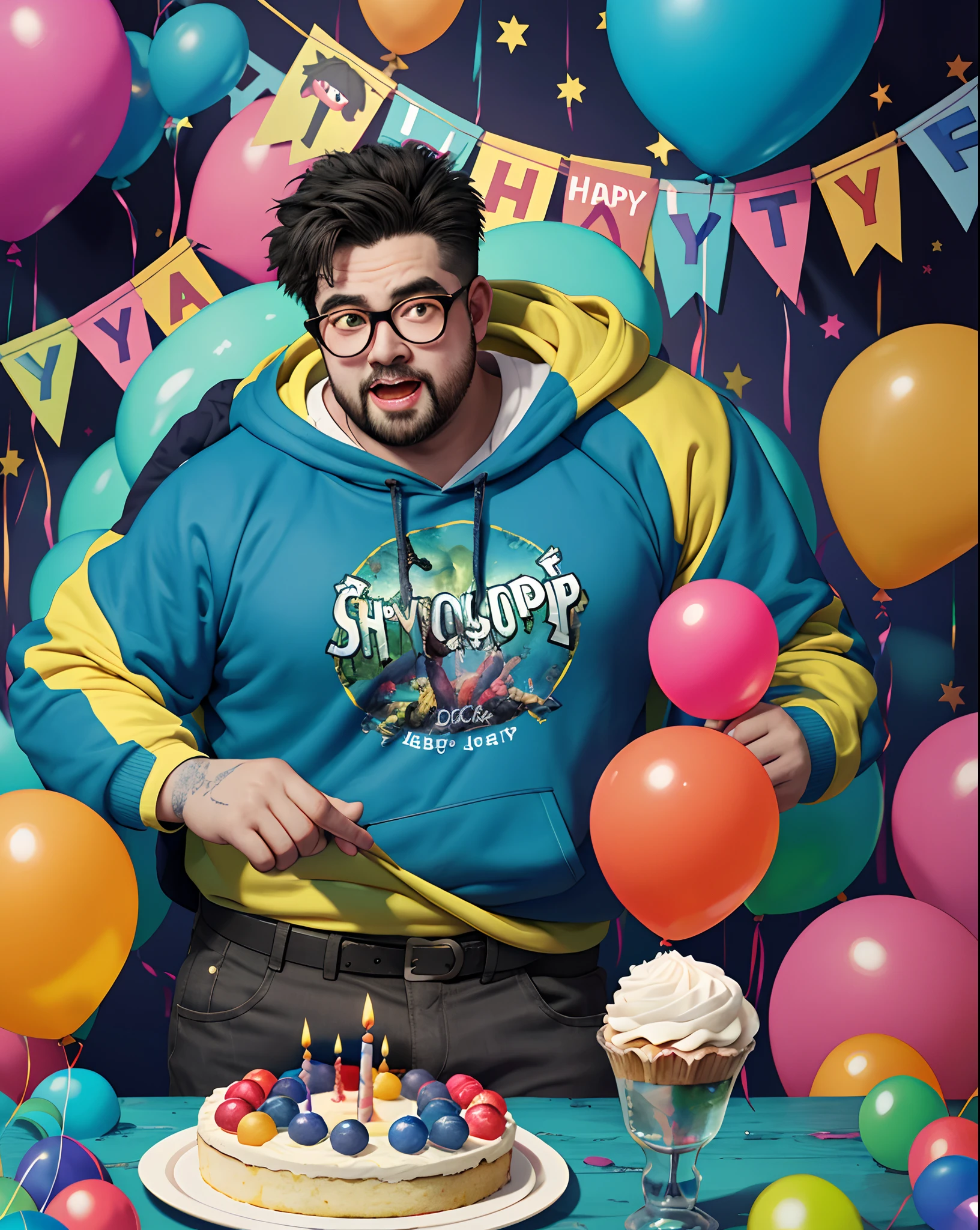 1boy, (apocalypse:1.2) fat boy with spectacles in hoody celebrate birthday party, Super detail and vibrant colors, Cake and candles super detailed, balloons decorations, (swamp_background:1.2)