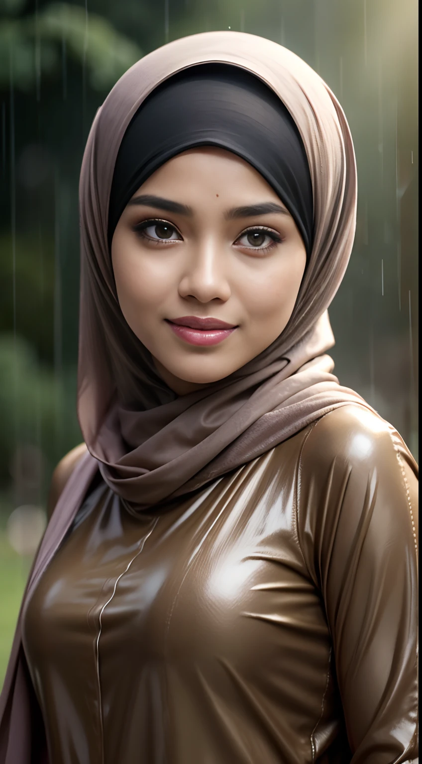 RAW, Best quality, high resolution, Masterpiece: 1.3), Beautiful Malay woman in hijab (iu:0.8), high resolution,Malay girl in beautiful hijab, Masterpiece, Soft smile,Beautiful Malay woman wearing pastel colored hijab during heavy rain, dark clouds, ankle length dress, shawl, long sleeve shirt, soaking wet, high resolution, 4k, HDR, photorealistic, realistic, sweaty skin, thin face, big breasts, perfect makeup up, big eyes, glossy lips, perfect nose, smile soft, thick sexy body, portrait, cinematic, realistic, photo, standing in the rain, dirt on clothes, mud on feet, heavy rain, wet body, heavy rain, Style-Empire, (Style-Glass), ((( surrealisme))), full_body_shot, dramatic, backlit, rays of light, volumetric lighting, detailed face, very detailed, wet skin, wet clothes, wet body, wet hijap, soaked, soaked, curled, round face, looking at viewer, smiling, clothes shiny, oily clothes, varied poses