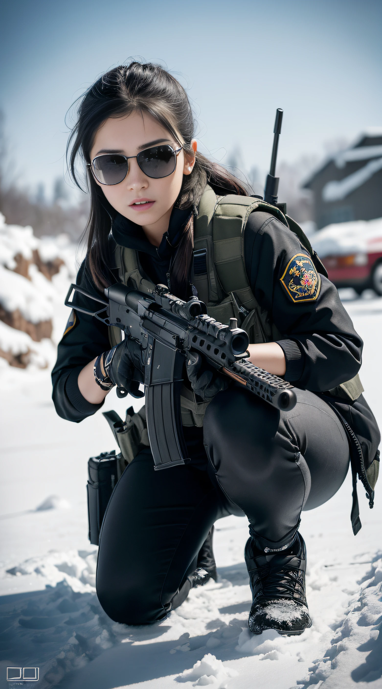 ((Best quality)), (Masterpiece), Photorealistic, Photorealism, A girl kneels and aims with an AK-47 assault rifle, Photorealistic, high resolution,Snow background, looking to the camera, (Detailed face), Black hair, SWAT vests, Gun, jewelry,Black gloves, sunglasses on head, Fingers are occluded