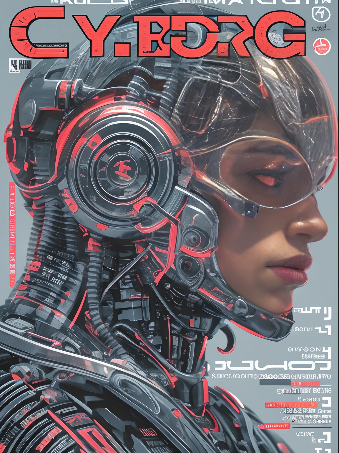 cyborg, magazine cover, poster art , hint of vibrant, bold script text