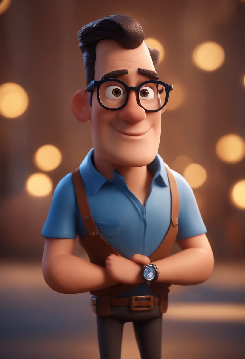 Cartoon character of a man with black glasses and a blue shirt, animation character, Caractere estilizado, animation style rendering, 3D estilizado, Arnold Maya render, 3 d render stylized, toon render keyshot, Personagem 3D, Personagem 3D, 3d rendering stylized, 3 d character render, personagem de desenho animado, Personagem de close up, Pose de personagem, (Estilo Pixar) (master part:1.2) (Bokeh) (best quality) (pele detalhada) (textura detalhada) (8k) (argila) (Cinematic lighting) (foco nítido