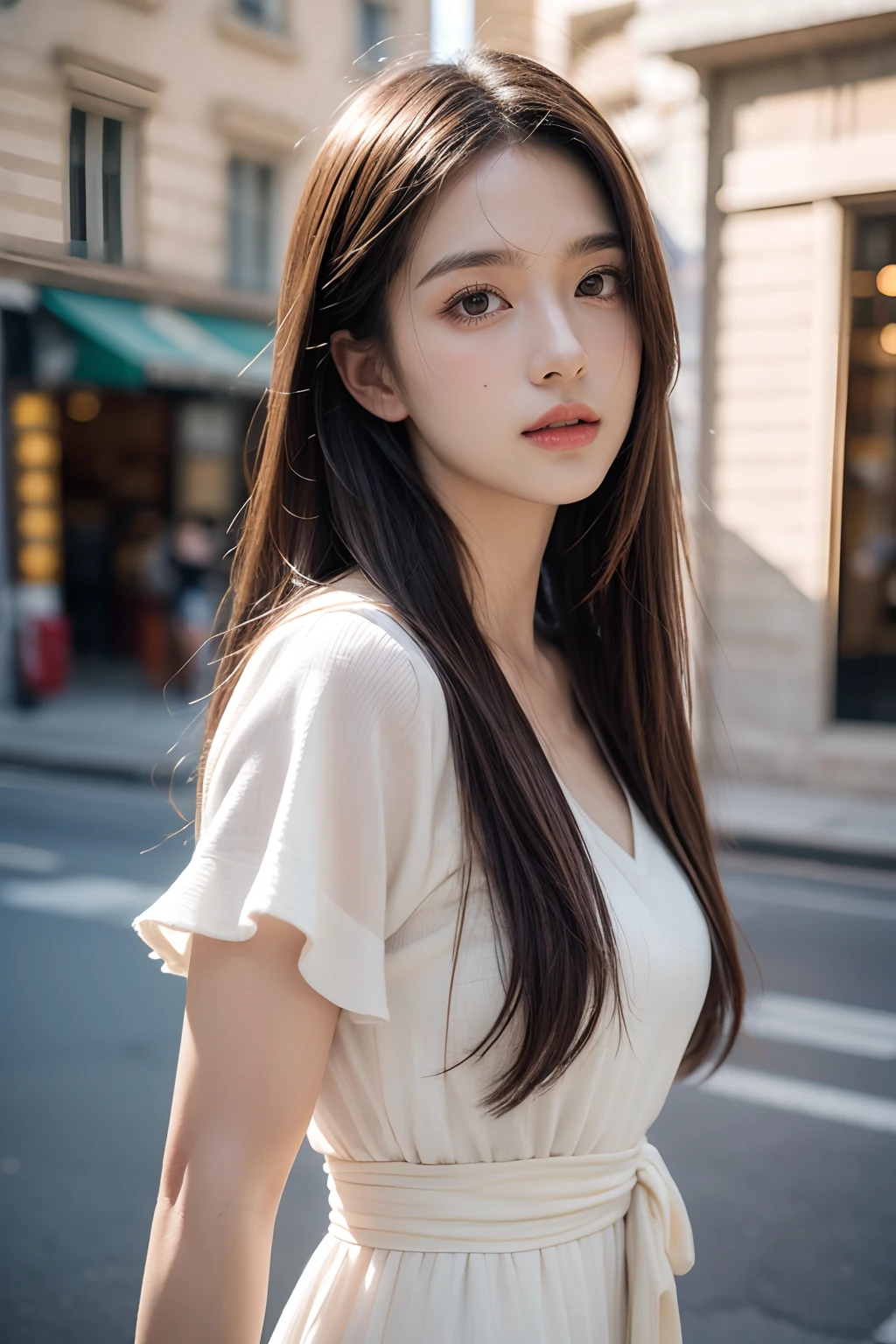 (Best Quality, 8K, 32 k, Masterpiece, UHD:1.2), Photorealistic:1.37,Photo Masterpiece, Best Quality, Raw foto, UHD, 1Girl, Long hair, Glitter Hair,Brown hair, captivating, White dress, [Messy Half Ponytail|bobcut] The middle_parting_Hairstyles, looking up at viewer, In the street, intriciate detail, detailed background, Detailed skins, pore, high resolucion, HDR, looking up at viewer, from frontal, Whole-body focus, Street Snap, Depth of field, detailed details, Anatomically accurate., (Photorealistic, BAPV:1.3), (Upper body from waist frame:1.2), Renaissance background, natural lighting, golden_ratio, Shot with Kodak Vision3 IMAX, fujicolor_because_film
