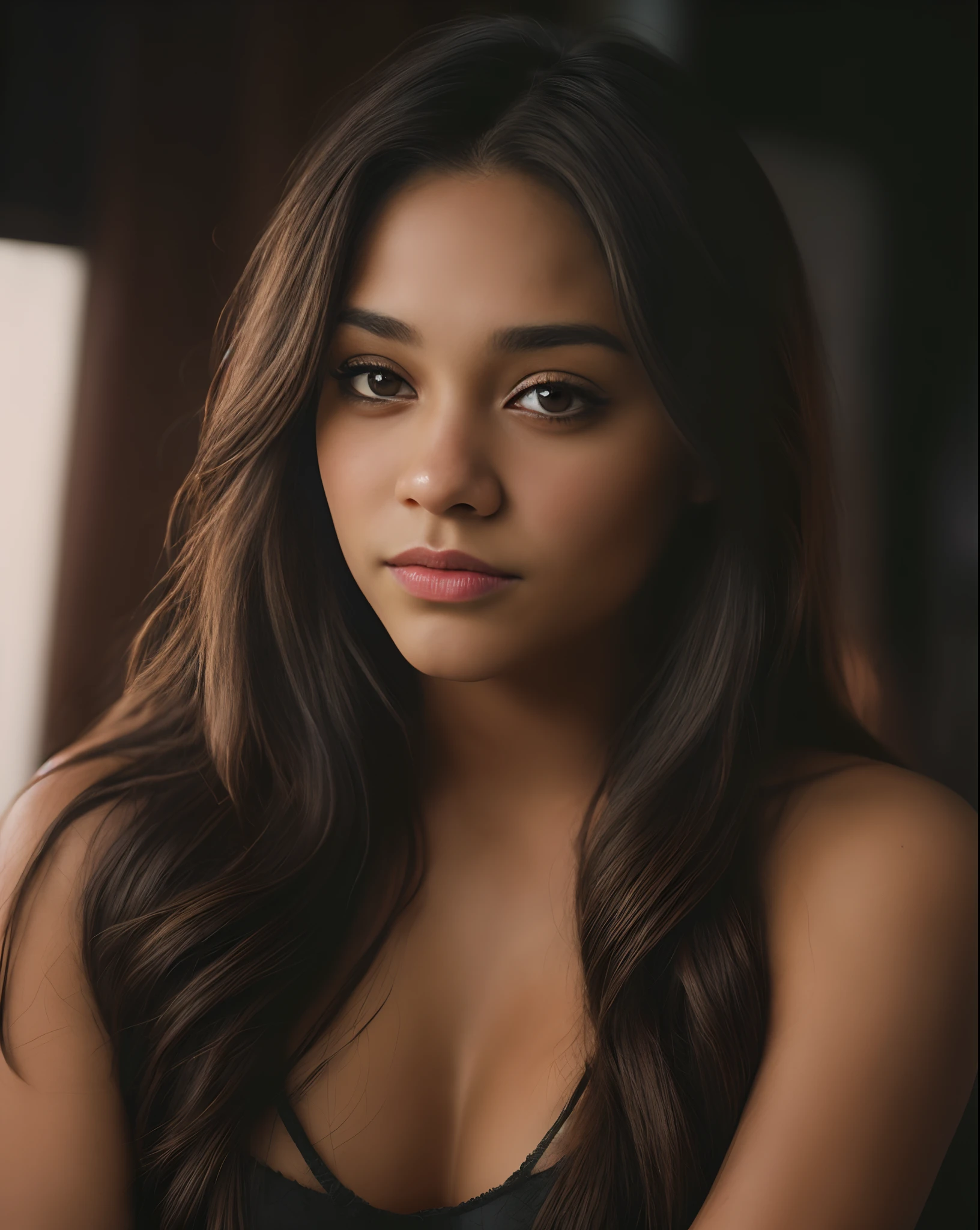 (a closeup of a, editorial photograph of a 21 year old Latina Venessa Hudgens), dark brown long wavy hair, (Highly detailed face:1.4) (Smile:0.7) (background inside dark, moody, private study:1.3) ass pov, by Lee Jeffries, Nikon D850, film stock photograph, 4 Kodak Portra 400, camera f1.6 lens, hyper realistic ,lifelike texture, dramatic lighting , Cinestill 800,