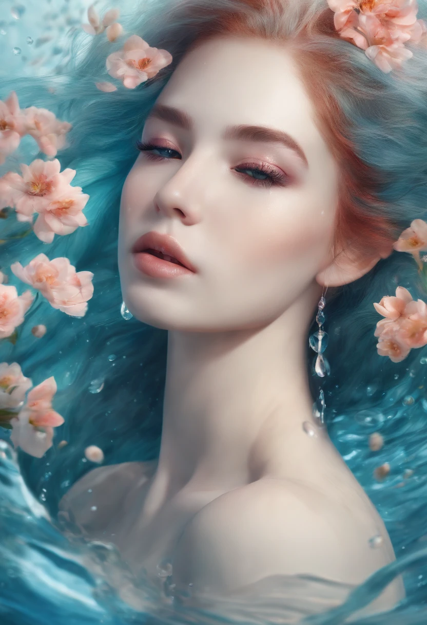 1girl, Feminine Aquatic Spirit, Water-colored hair, spring water inside, a few drops of water on the skin,