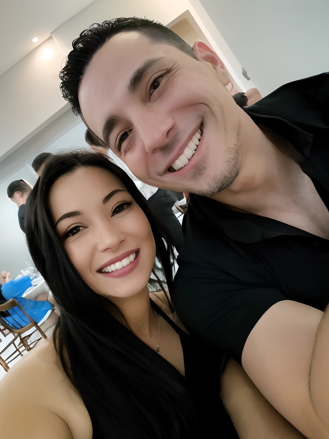 smiling couple posing for a picture in a restaurant, profile image, about 3 , night!, 4 k post, 4k post, reddit post, happy couple, selfie, photo from the back, sakimichan and frank franzzeta, by Nándor Katona, both smiling for the camera, selfie photo, 8k selfie photograph