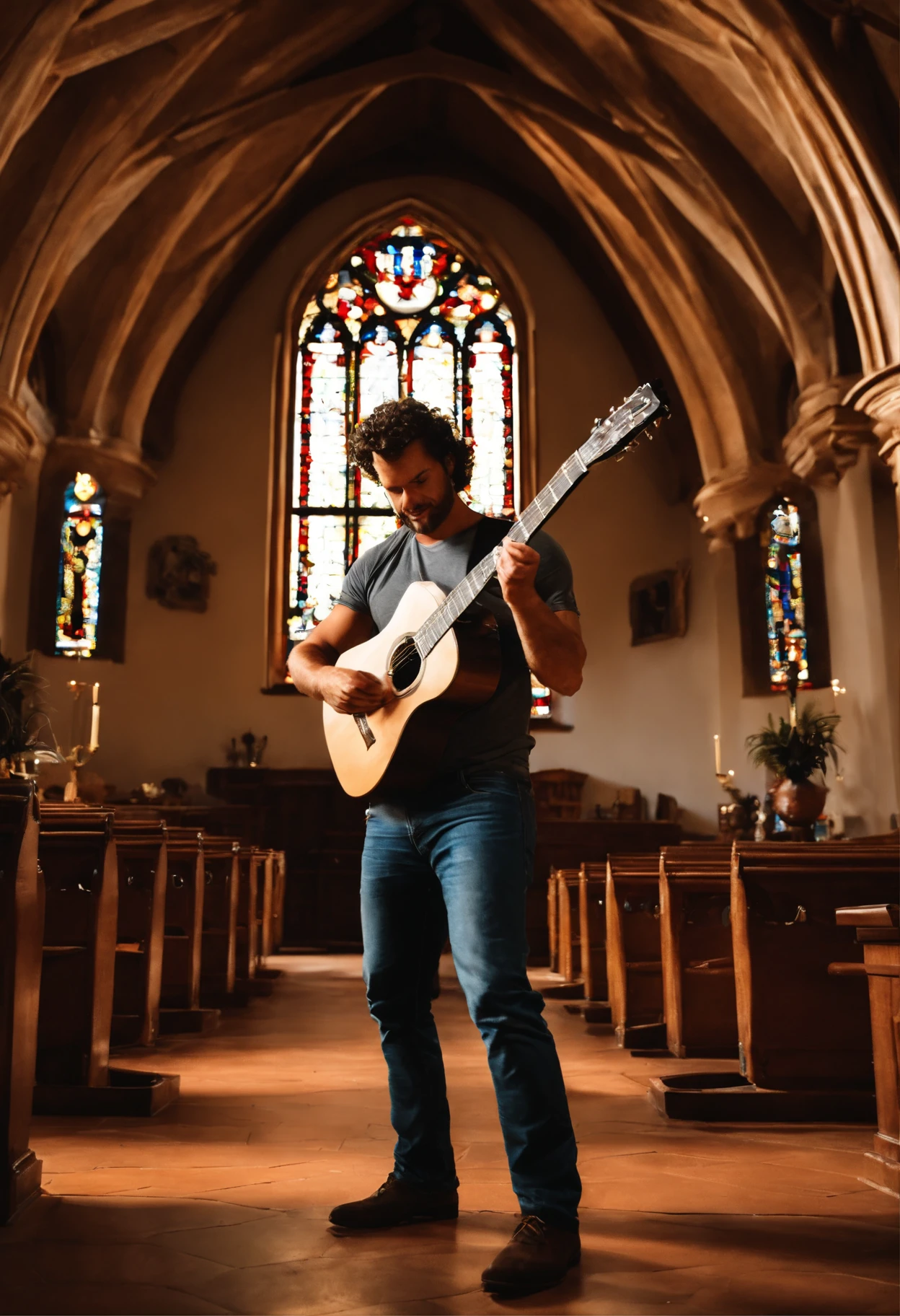 crie um banner no estilo Pixar. Um homem de 37 anos, pardo com cabelos curtos, Castanhos escuros, Curly and slightly grayish appearance, mas jovem, usando uma camiseta, Wearing jeans and holding a classical guitar with 7 strings. No fundo um altar dentro de uma igreja com uma cruz no alto e um altar.