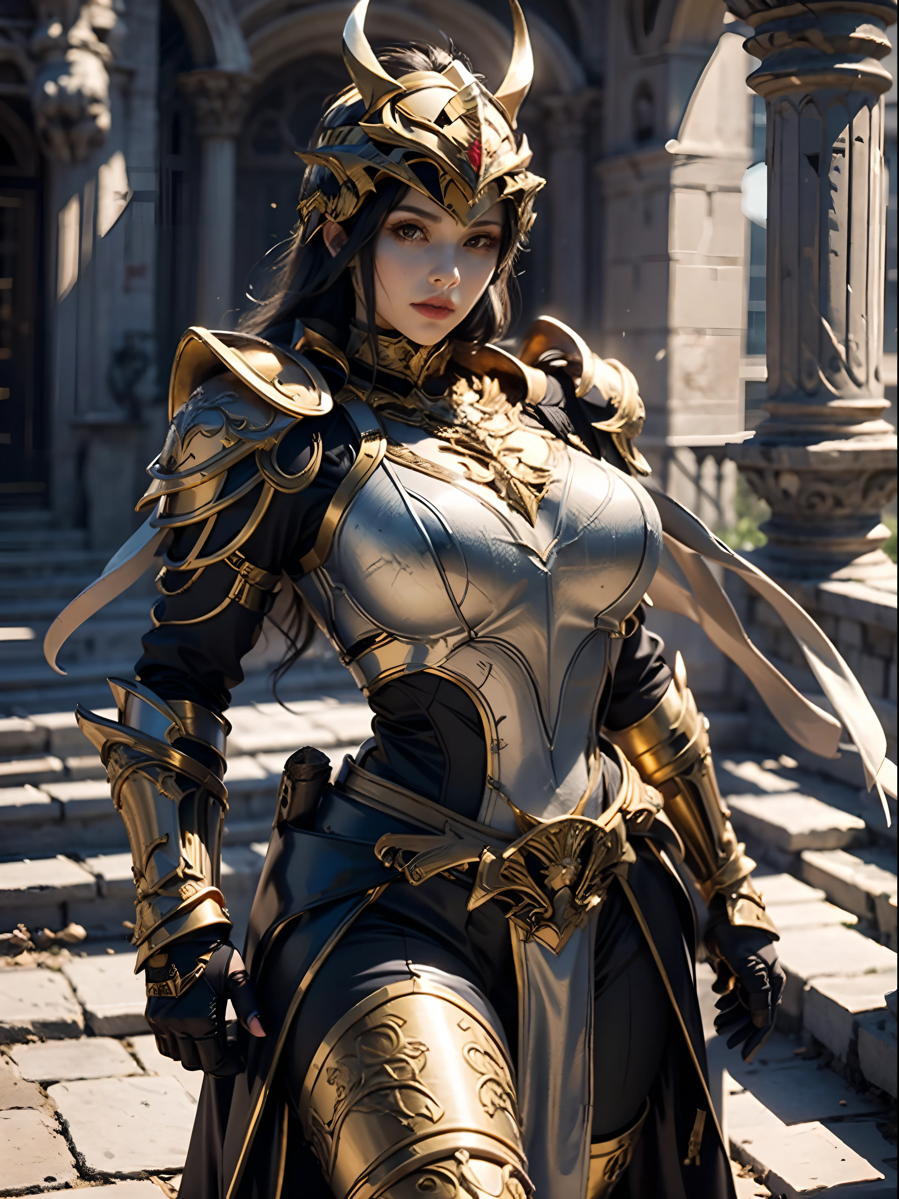 a beautiful golden-greek-armored warrioress, jet-black hair, spartan helmet, muscular, huge and heavy breasts, looking at viewer, modelshot pose, masterpiece, best quality, 8k, blurred background, medieval fantasy castle in the background