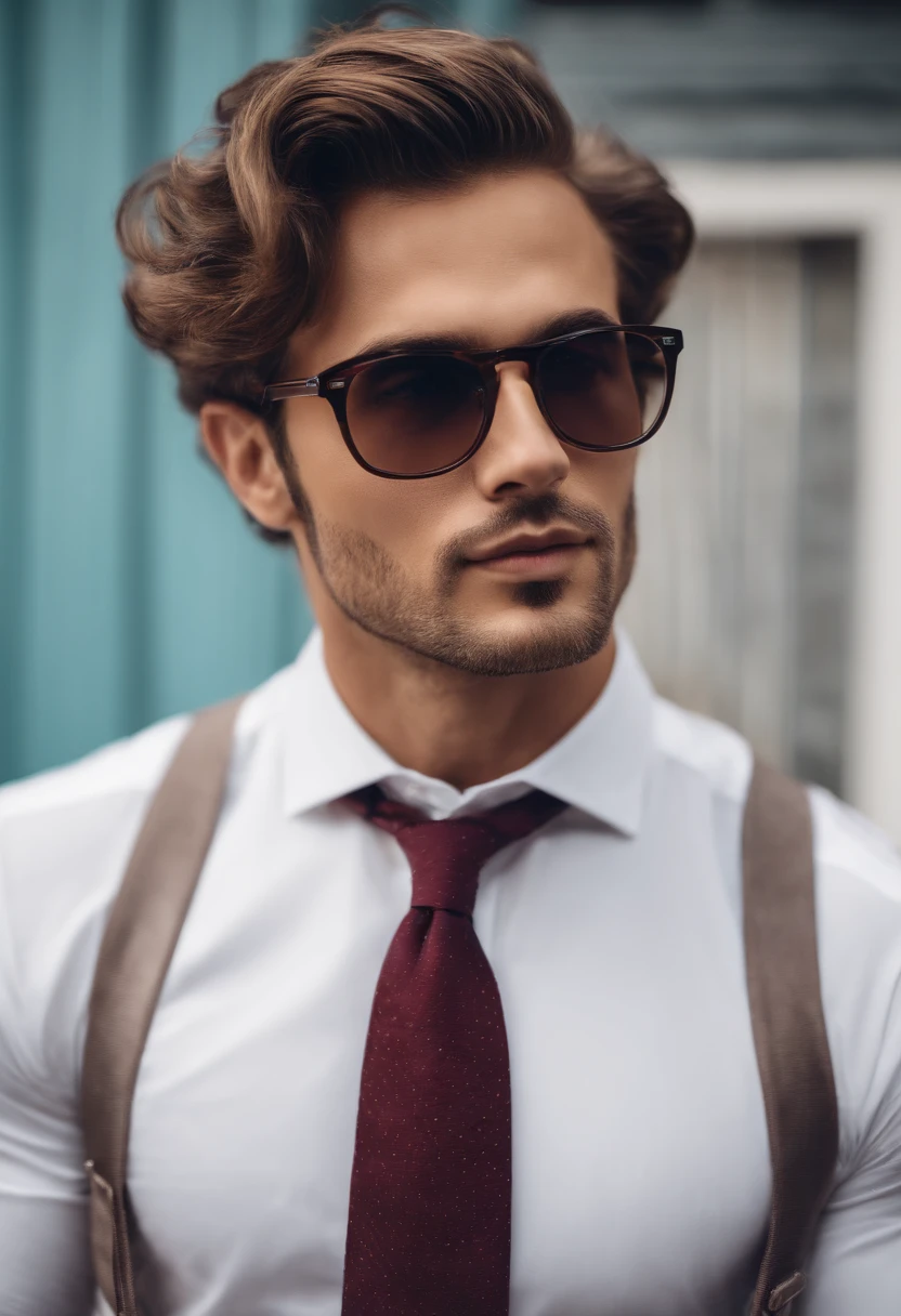 Um homem de 30 anos, com cabelos castanhos curtos,face de diamante, olhar rigoroso, e olhos castanhos, Wearing white white shirt with tie and glasses.