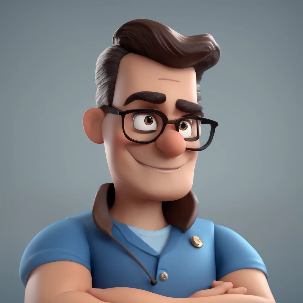 Cartoon character of a man with black glasses and a blue shirt, animation character, Caractere estilizado, animation style rendering, 3D estilizado, Arnold Maya render, 3 d render stylized, toon render keyshot, Personagem 3D, Personagem 3D, 3d rendering stylized, 3 d character render, personagem de desenho animado, Personagem de close up, Pose de personagem,  (Estilo Pixar) (master part:1.2) (Bokeh) (best quality) (pele detalhada) (textura detalhada) (8k) (argila) (Cinematic lighting) (foco nítido