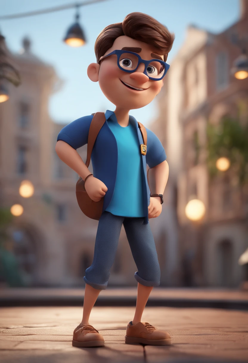 Cartoon character of a man with black glasses and a blue shirt, animation character, Caractere estilizado, animation style rendering, 3D estilizado, Arnold Maya render, 3 d render stylized, toon render keyshot, Personagem 3D, Personagem 3D, 3d rendering stylized, 3 d character render, personagem de desenho animado, Personagem de close up, Pose de personagem,  (Estilo Pixar) (master part:1.2) (Bokeh) (best quality) (pele detalhada) (textura detalhada) (8k) (argila) (Cinematic lighting) (foco nítido