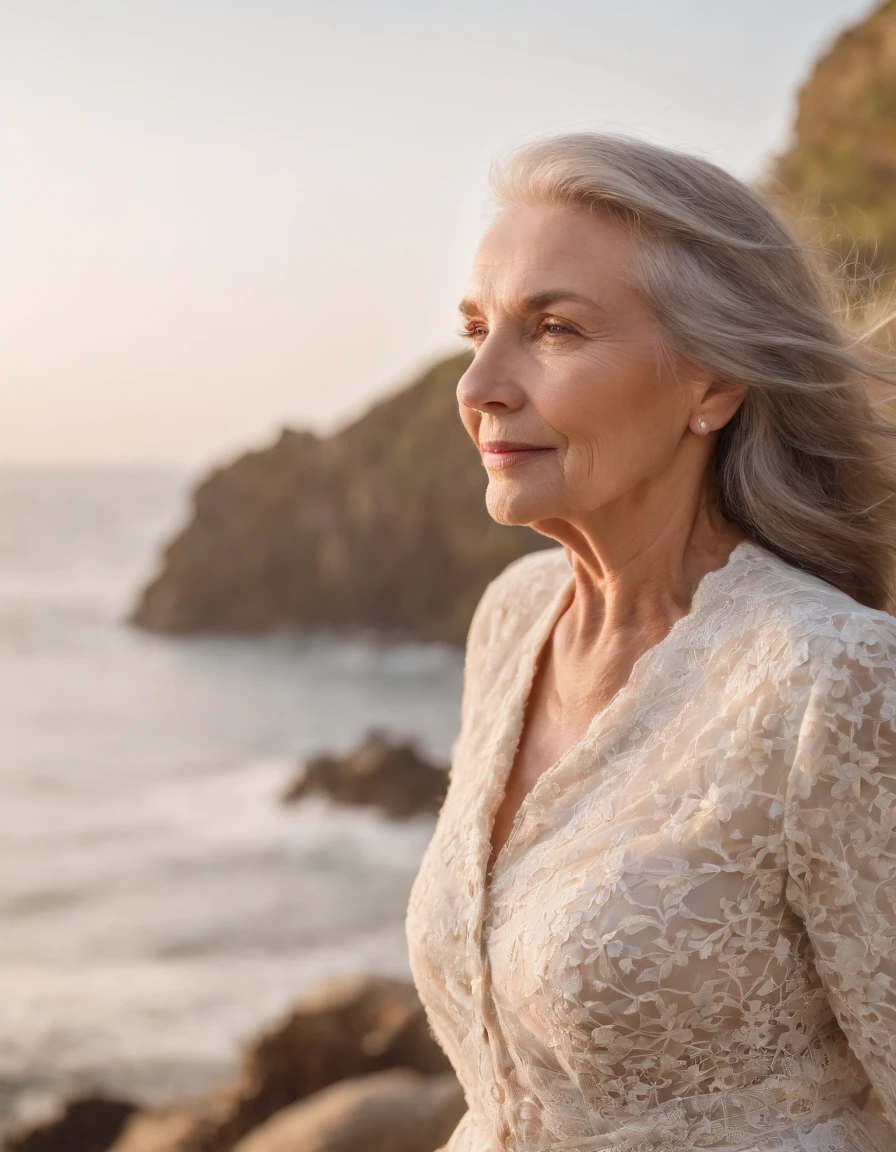Beleza costeira, Elderly woman in a lovely nautical clothes, (Cabelos brancos curtos), camisa listrada, (olhos brilhantes, pele beijada pelo sol, carefree expression), Fundo arenoso da praia, farol, Brisa suave do mar, playful pose, dynamic compositing, golden hour lighting, Fundo desfocado, cores ricas, detalhes finos, hiper-realista, Lente 50mm, relaxed atmosphere. fotografia de retrato, Filme 35mm, natural blurry