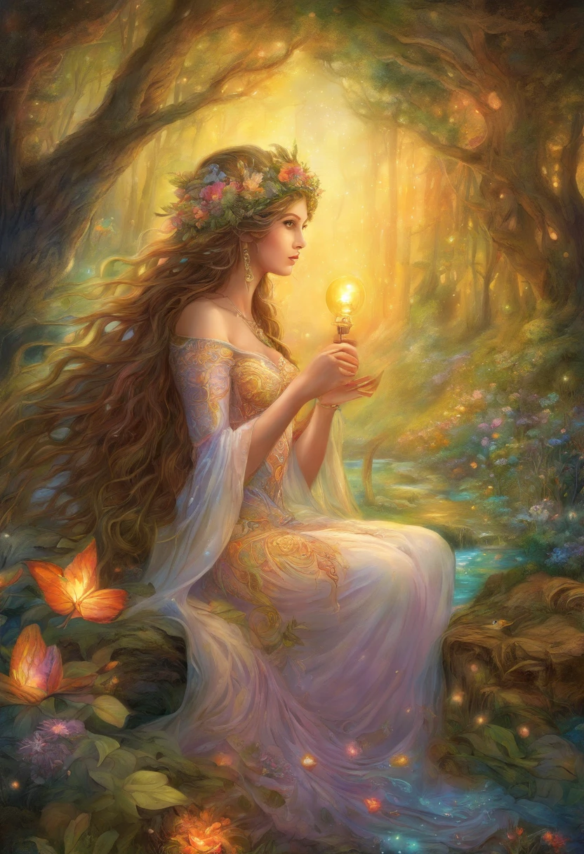 a drawing，A woman sits in the forest with a lantern, enchanted magical fantasy forest, an enchanted forest, psychedelic forest, intricate fantasy painting, fantasy artrealistic painting, magical fantasy forest, Fantasy painting, fairy tale forest, an enchanted forest, magic fairy forest, fantasy oil canvas, magic fantasy highly detailed, Fantasy Forest, Inspired by Josephine Wall, fantasy highly detailed