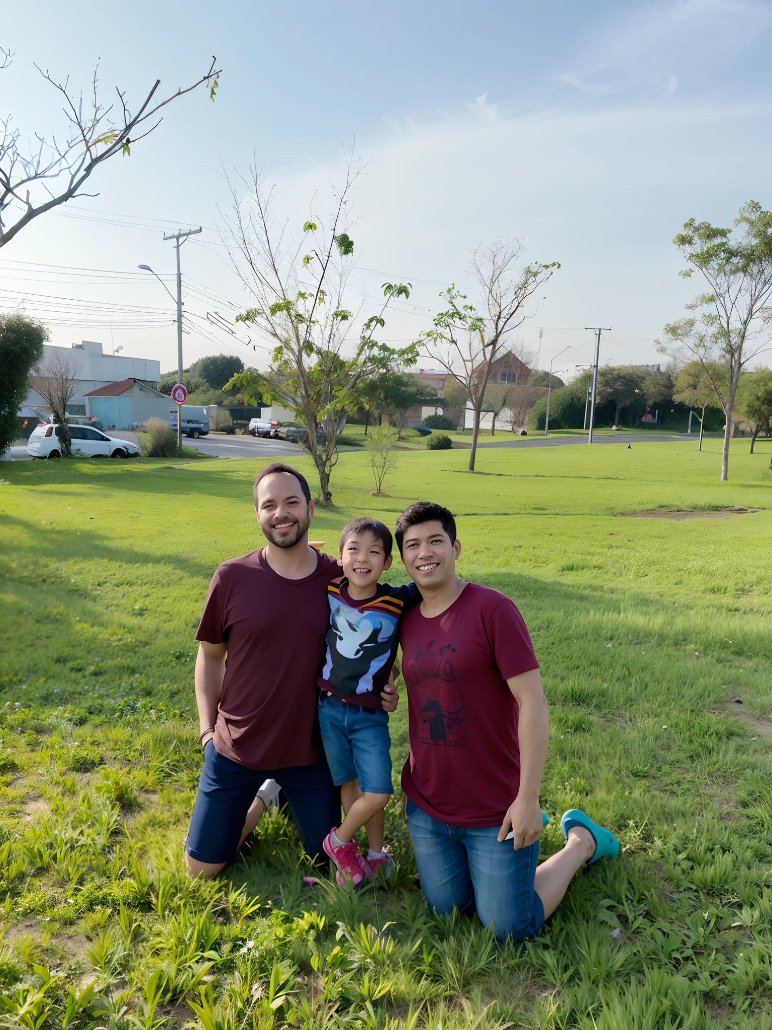 There's three people who are sitting on the grass together, Parque em segundo plano, com um parque ao fundo, trees in the background, com um parque nos fundos, no parque, with a tree in the background, of a family standing in a park, no parque em um belo dia, em um parque, no Parque no estilo Disney Pixar