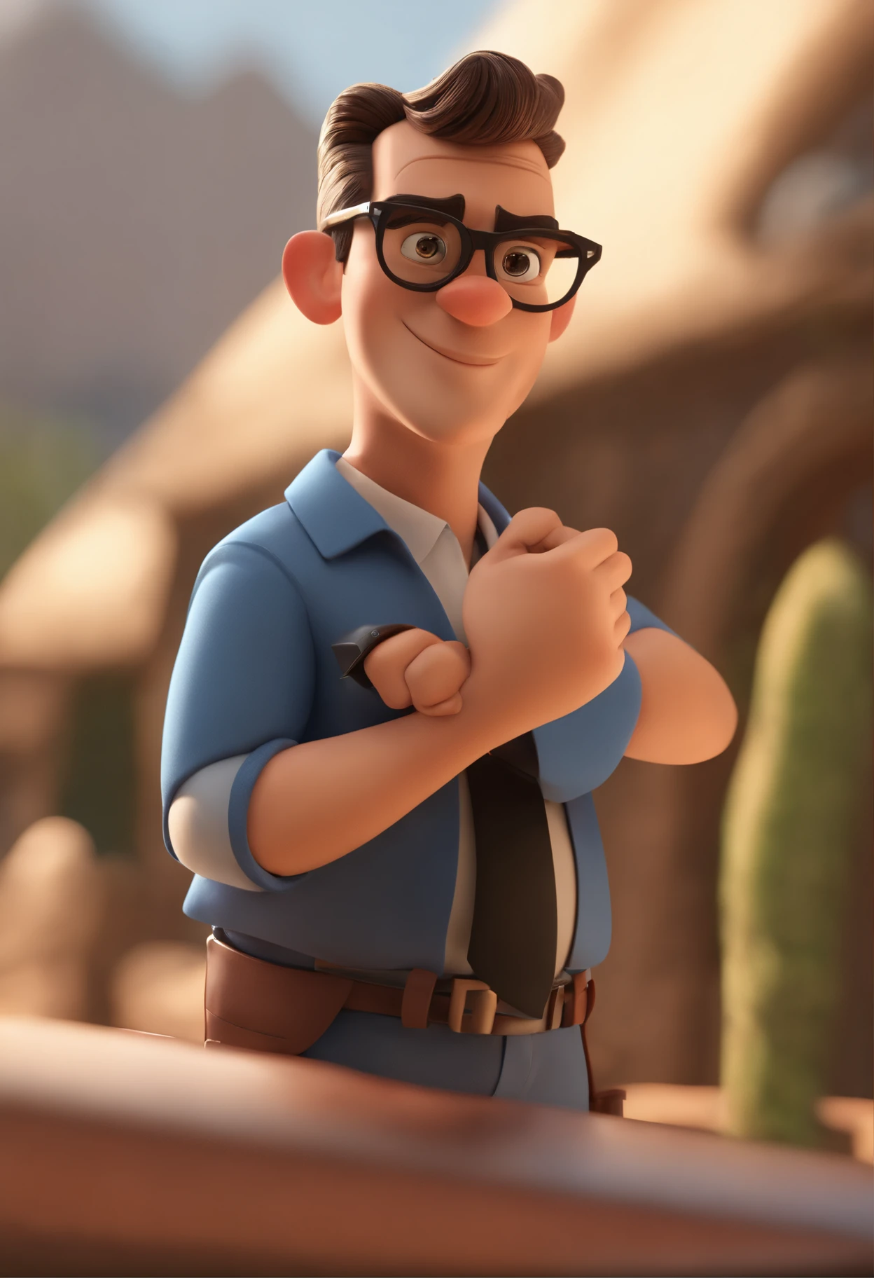 Cartoon character of a man wearing black glasses and a blue shirt, um personagem animado, Caractere estilizado, animation style rendering, 3D estilizado, Arnold Maya render, 3 d render stylized, toon render keyshot, Personagem 3D, Personagem 3D, 3d rendering stylized, 3 d character render, personagem de desenho animado, Personagem de close up, Pose de personagem, (Estilo Pixar) (master part:1.2) (Bokeh) (best quality) (pele detalhada) (textura detalhada) (8k) (argila) (Cinematic lighting) (foco nítido,Senta e vaza a parte superior do corpo