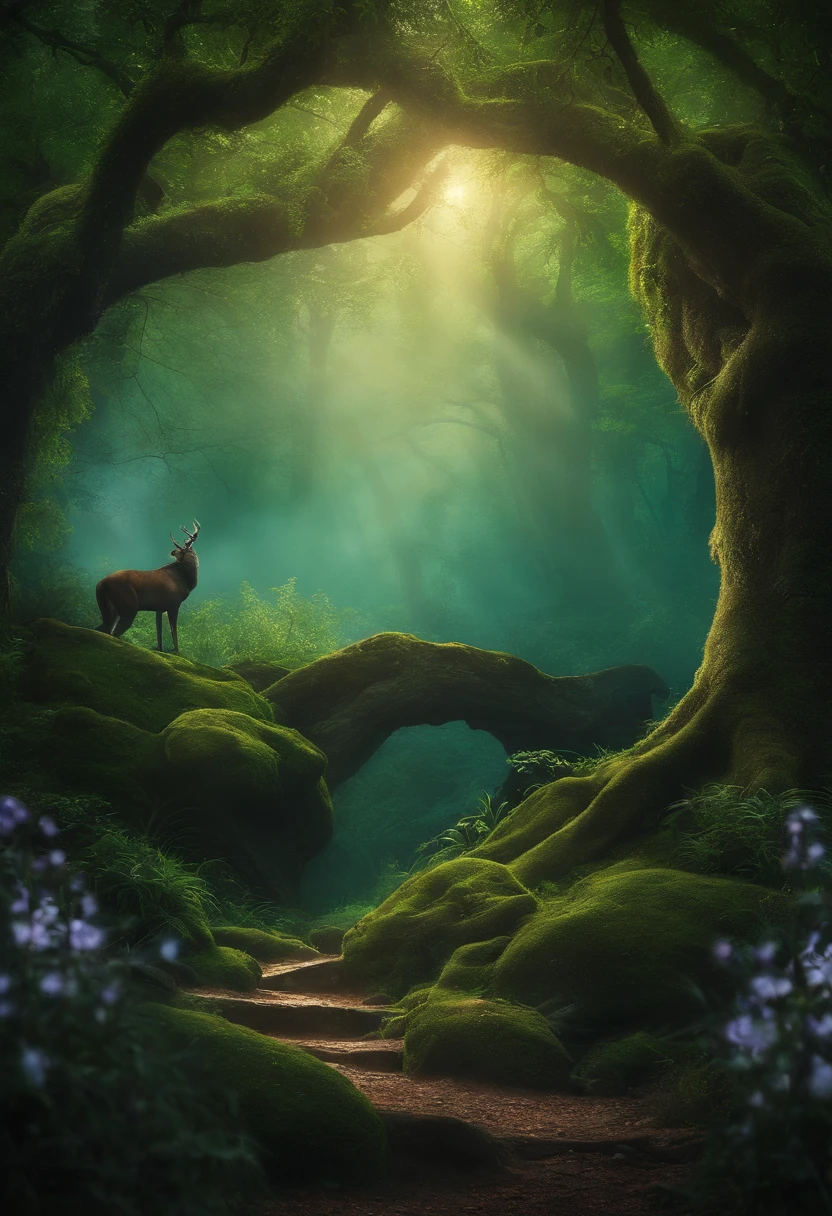 Por favor, crie uma capa para um eBook intitulado 'A Jornada no Bosque Encantado'. The cover should convey the feeling of magic, aventura e amizade. Include a backdrop of an enchanted grove with tall trees, Serene Streams and Magical Creatures. Highlight the title 'The Journey into the Enchanted Woods' in a font that looks magical and slightly enigmatic. Inclua imagens dos personagens principais, Vava, Vazinha, Lucius and the Vampire, nas laterais da capa, in order to frame the title. Add magical elements, como fadas, borboletas luminosas ou cristais brilhantes, espalhados pela capa. Use soft, magical colors, como tons de verde, azul e roxo, para criar uma atmosfera encantada. Make sure the cover is captivating and represents the essence of the story.