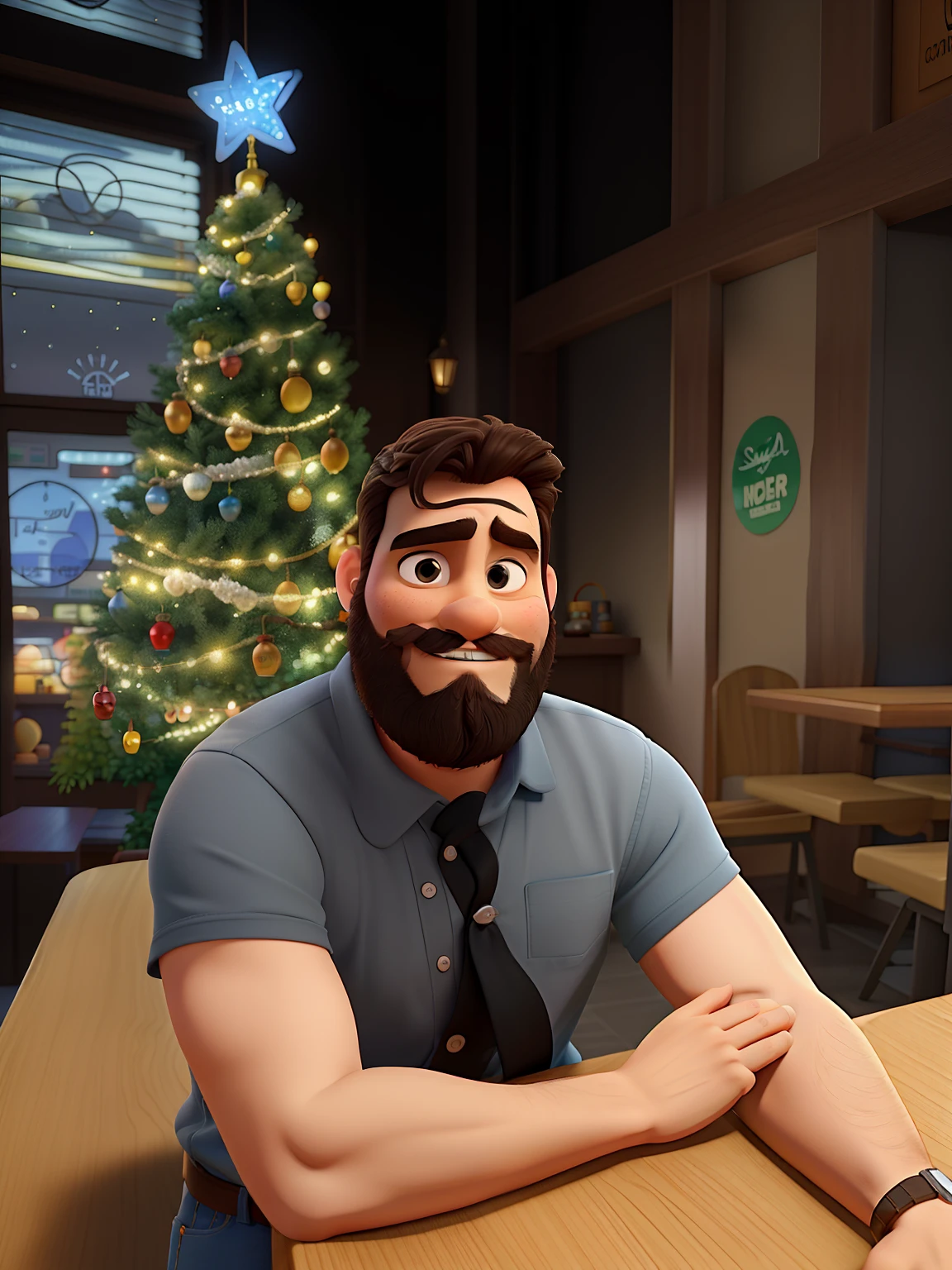 Poster no estilo Disney pixar, alta qualidade, melhor qualidade, homem sexy branco, 30 anos cabelo grisalho barba preta, musculoso, com fundo em um restaurante a luz de velas