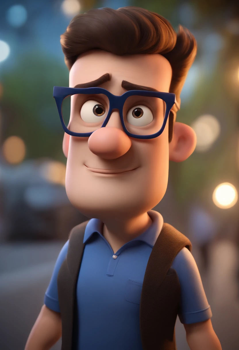 Cartoon character of a man wearing black glasses and a blue shirt, um personagem animado, Caractere estilizado, animation style rendering, 3D estilizado, Arnold Maya render, 3 d render stylized, toon render keyshot, Personagem 3D, Personagem 3D, 3d rendering stylized, 3 d character render, personagem de desenho animado, Personagem de close up, Pose de personagem,  (Estilo Pixar) (master part:1.2) (Bokeh) (best quality) (pele detalhada) (textura detalhada) (8k) (argila) (Cinematic lighting) (foco nítido