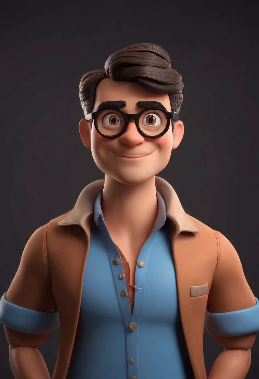 Cartoon character of a man wearing black glasses and a blue shirt, um personagem animado, Caractere estilizado, animation style rendering, 3D estilizado, Arnold Maya render, 3 d render stylized, toon render keyshot, Personagem 3D, Personagem 3D, 3d rendering stylized, 3 d character render, personagem de desenho animado, Personagem de close up, Pose de personagem,  (Estilo Pixar) (master part:1.2) (Bokeh) (best quality) (pele detalhada) (textura detalhada) (8k) (argila) (Cinematic lighting) (foco nítido