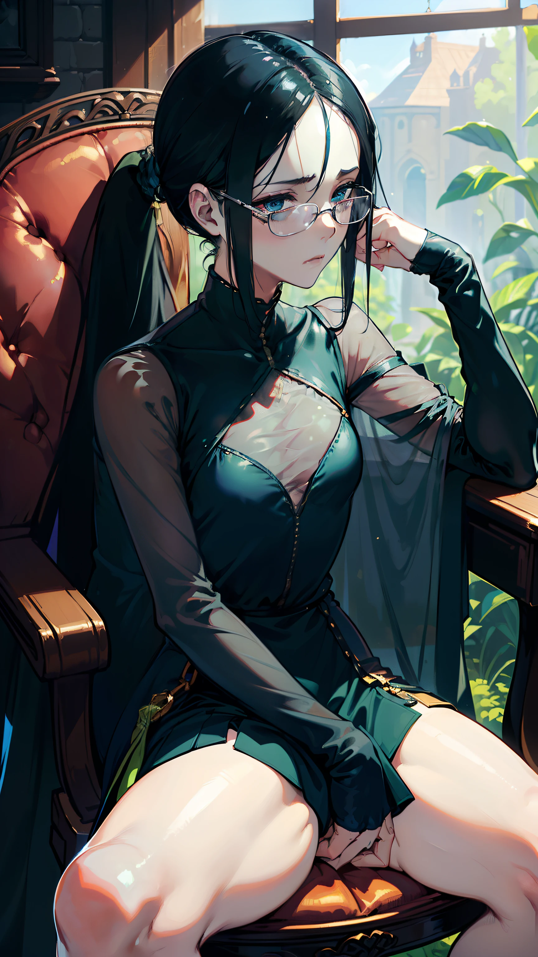 (((((middle age woman))))), masterpiece, ultra detailed, 8k portrait, RAW photo, portrait photography, highly detailed face, ((Fantasy)), 1 woman, (((short woman))), (((sorcerer))), (((((nervous expression))))), (((((sitting on chair))))), (((((hand between legs))))), (((hunchback))), (((Error-filled face))), 33 years old, (((slutty woman))), (((((pee odor))))), (((bad smell))), (((blacked small eyes))), glasses, (((long straight black hair))), (((low ponytail))), ((hide face with long sideburns)), (((white skin color))), (((((shiny green dark blue ultra thin see-through one-piece dress and micro skirt))))), ((black ultra thin see-through cloak)) fluttering in the wind, (((little waist hip pouch))), (((leather boots))))), (((equip a long wood cane))), Midday Sun, hyper realistic, ((((flat chest)))), (((thick thighs))), Long legs, in the medieval adventurer's guild, Ambient lighting, Shadow details , Camera focus on thigh, strong breeze, Light fog