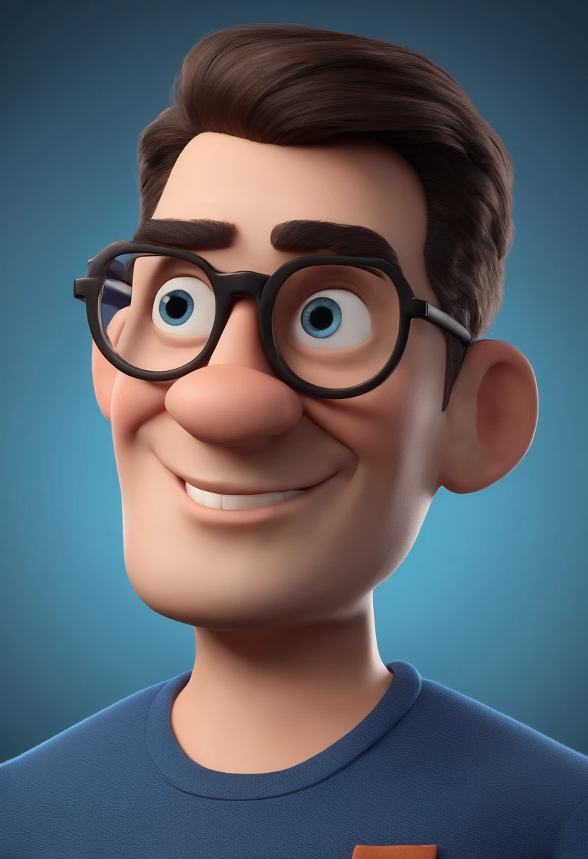 Cartoon character of a man with black glasses and a blue shirt, animation character, Caractere estilizado, animation style rendering, 3D estilizado, Arnold Maya render, 3 d render stylized, toon render keyshot, Personagem 3D, Personagem 3D, 3d rendering stylized, 3 d character render, personagem de desenho animado, Personagem de close up, Pose de personagem,  (Estilo Pixar) (master part:1.2) (Bokeh) (best quality) (pele detalhada) (textura detalhada) (8k) (argila) (Cinematic lighting) (foco nítido