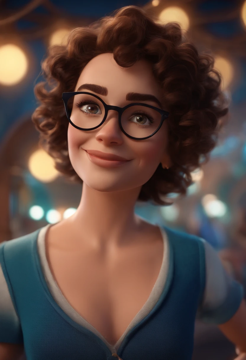 Pixar style image with 3D character white glasses brunette woman short curly hair dancing, Maquiagem Disney,Pescador, adolable, sorridente ,Close-up, Pixar, Disney, Cinema lighting,