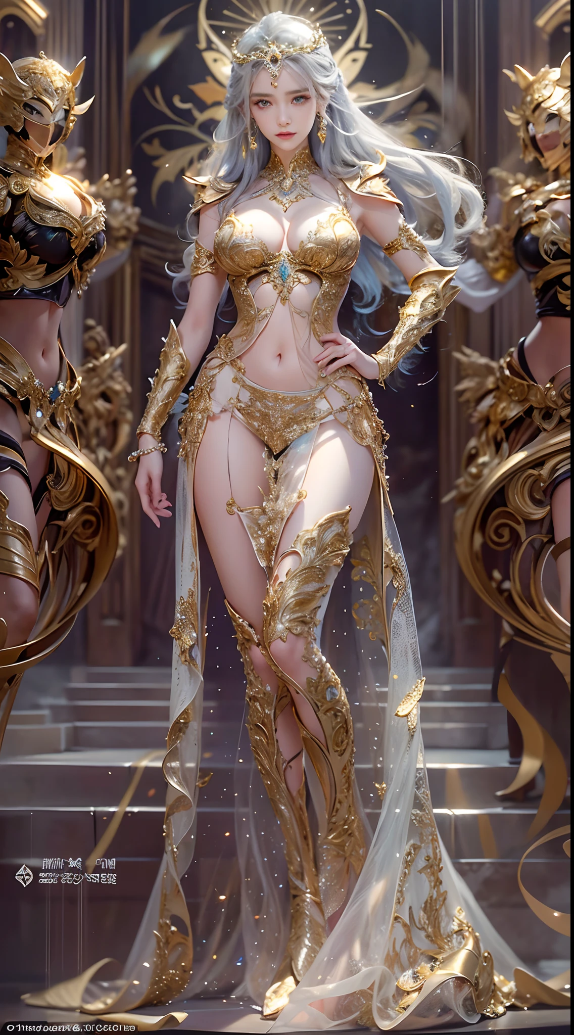 Woman in a golden transparent dress,view the viewer,(((Huge breasts, Large cleavage))),Slim waist,(navel baring,Bare waist), Long hair, Ultra-detailed details,High-end Zhenyi station, Rainstorm site, detailed fantasy art, Stunning character art, Beautiful and exquisite character art, Beautiful gold and silver armor, Extremely detailed, Girl in shiny armor, Exquisite tiaras and jewelry,Crystal jewelry filigree, milky ways, Stunning visuals, (dynamic streaks, light tracks:1.2), Vibrant colors,