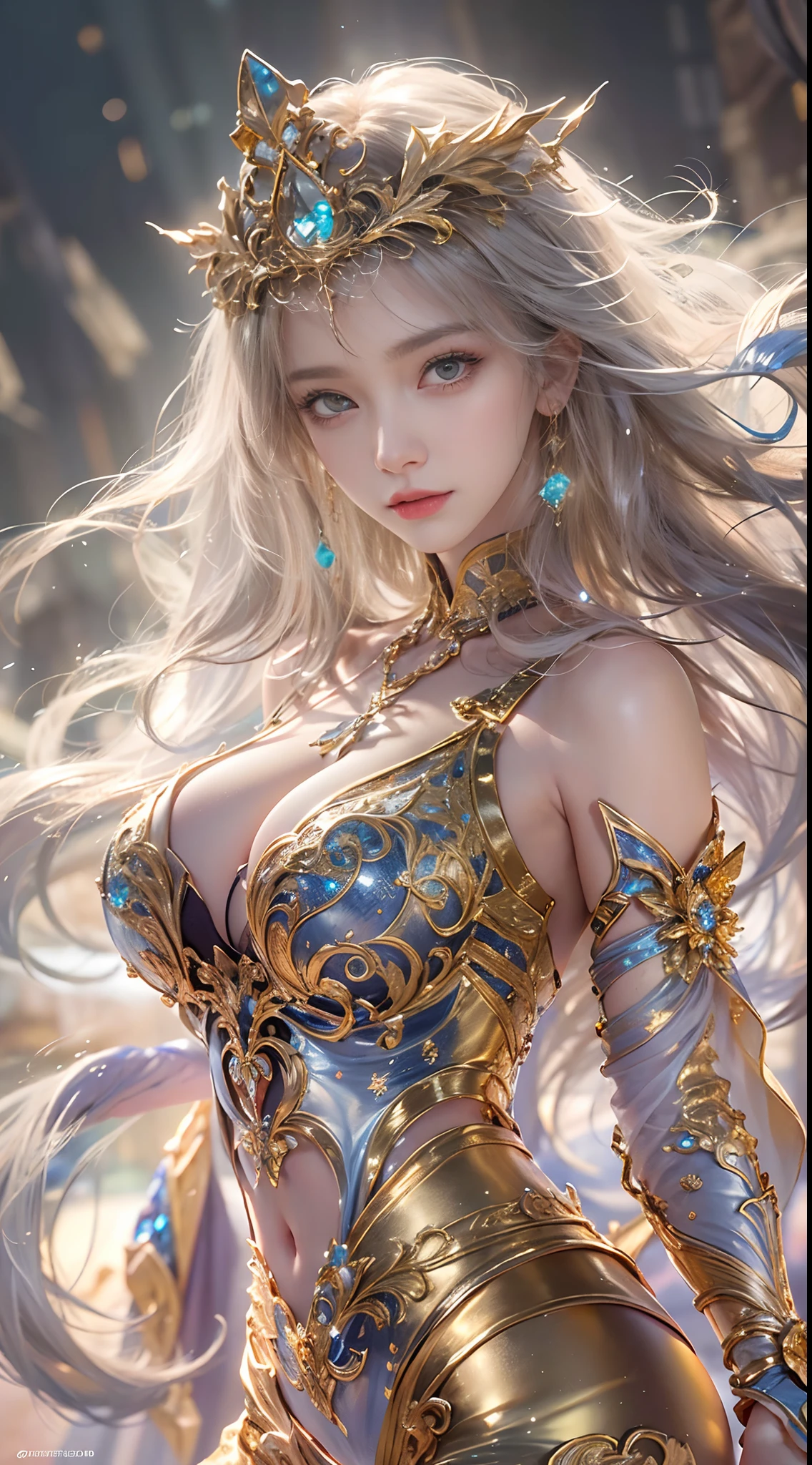 Woman in a golden transparent dress,view the viewer,(((Huge breasts, Large cleavage))),Slim waist,(navel baring,Bare waist), Long hair, Ultra-detailed details,High-end Zhenyi station, Rainstorm site, detailed fantasy art, Stunning character art, Beautiful and exquisite character art, Beautiful gold and silver armor, Extremely detailed, Girl in shiny armor, Exquisite tiaras and jewelry,Crystal jewelry filigree, milky ways, Stunning visuals, (dynamic streaks, light tracks:1.2), Vibrant colors,