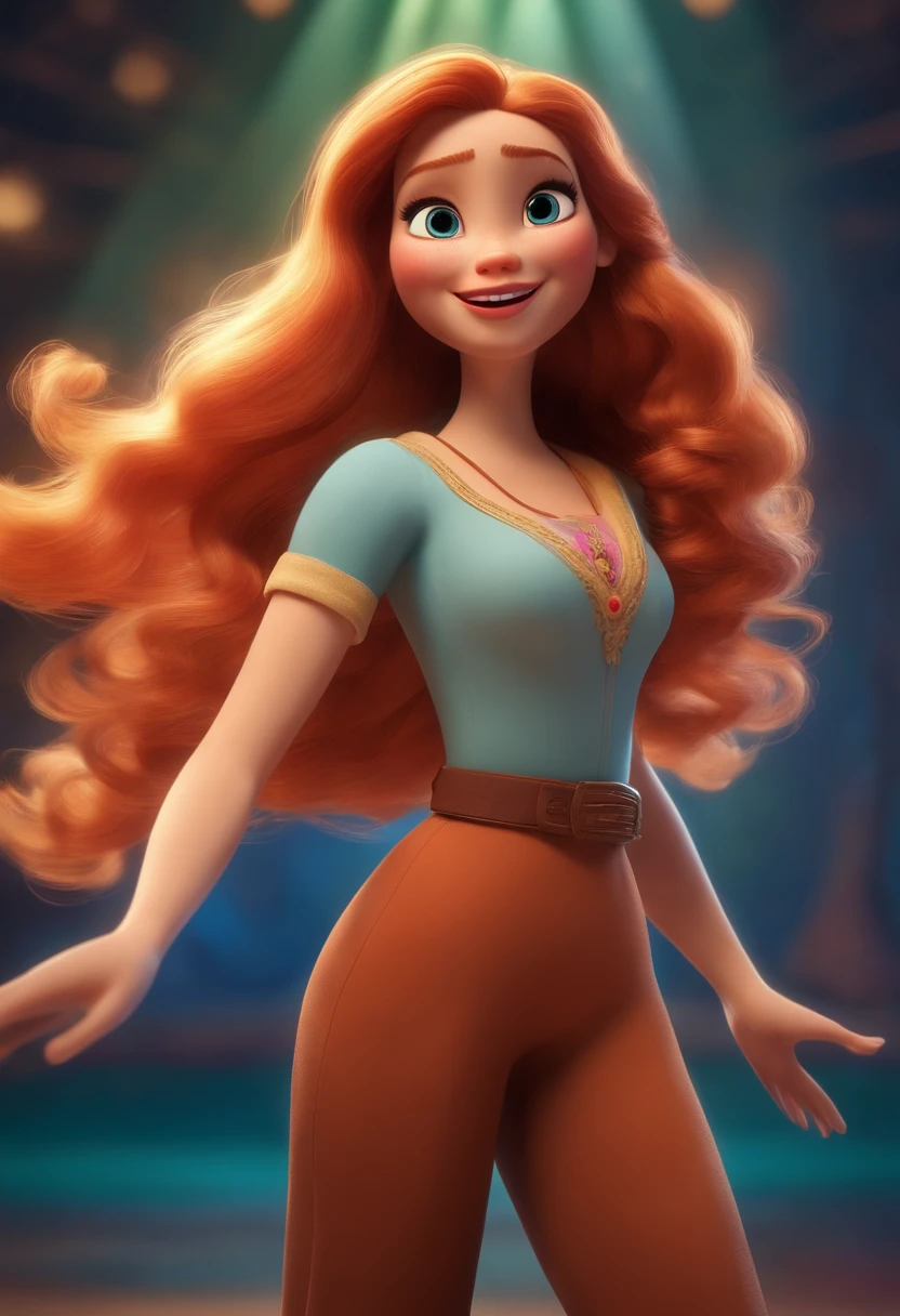 Pixar style image with 3D character white woman long straight hair dancing, Maquiagem Disney,Pescador, bonitinho, sorridente ,Close-up, Pixar, Disney, Cinema lighting,