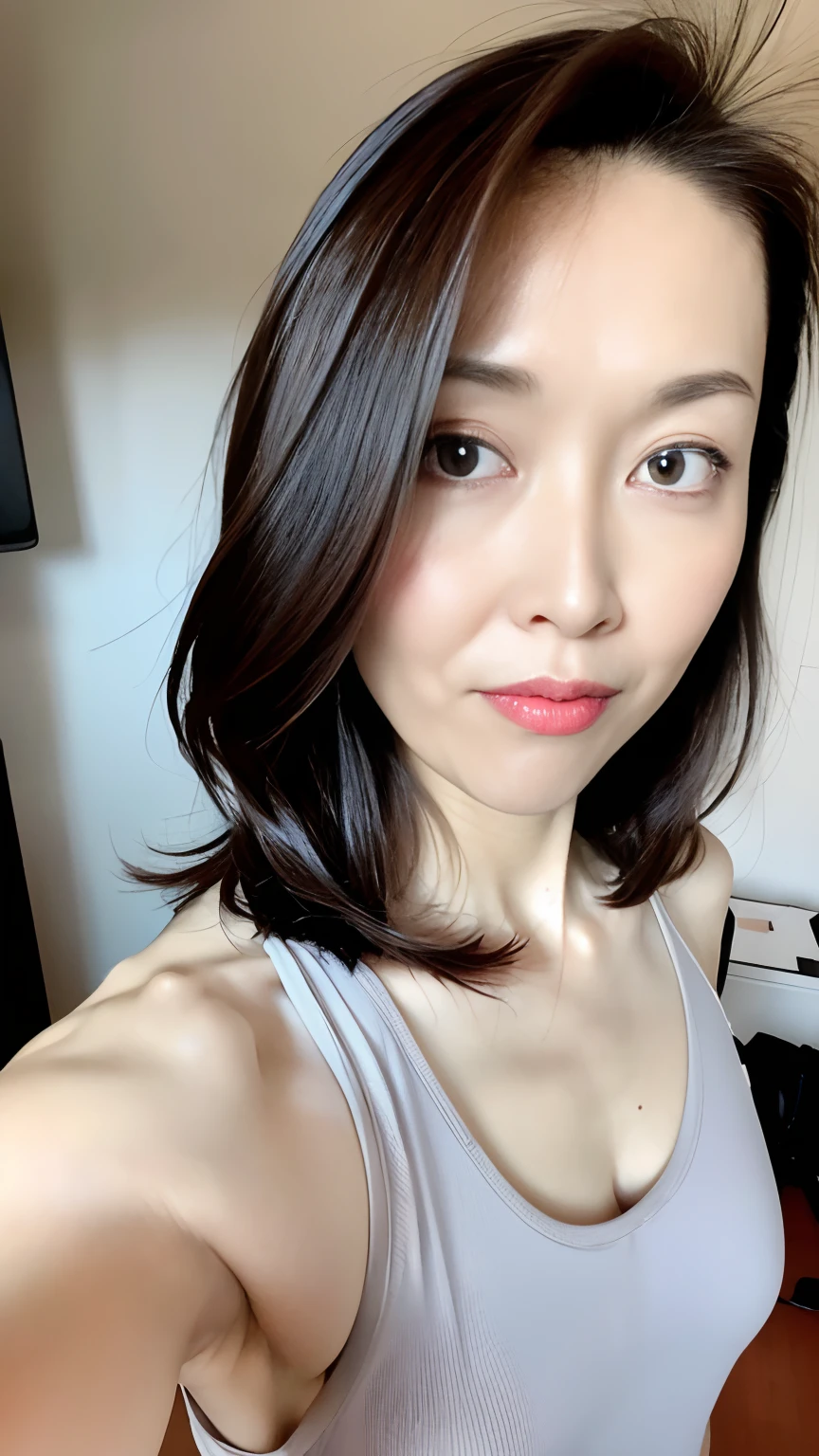 (masuter piece:1.3)、(8K、Photorealsitic、Raw photography、top-quality: 1.4)、(1girl in)、beautiful countenance、(Lifelike face)、(Brown hair、short-hair:1.1)、Beautiful hairstyle、realisticeyes、Beautiful details、(real looking skin)、Beautiful skins、Tank Tops、absurderes、enticing、超A high resolution、A hyper-realistic、high-detail、the golden ratio、About 30 years old、Slouched、breasts looking