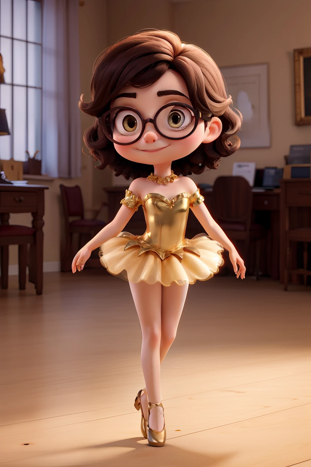 A dark-haired ballerina with golden round glasses