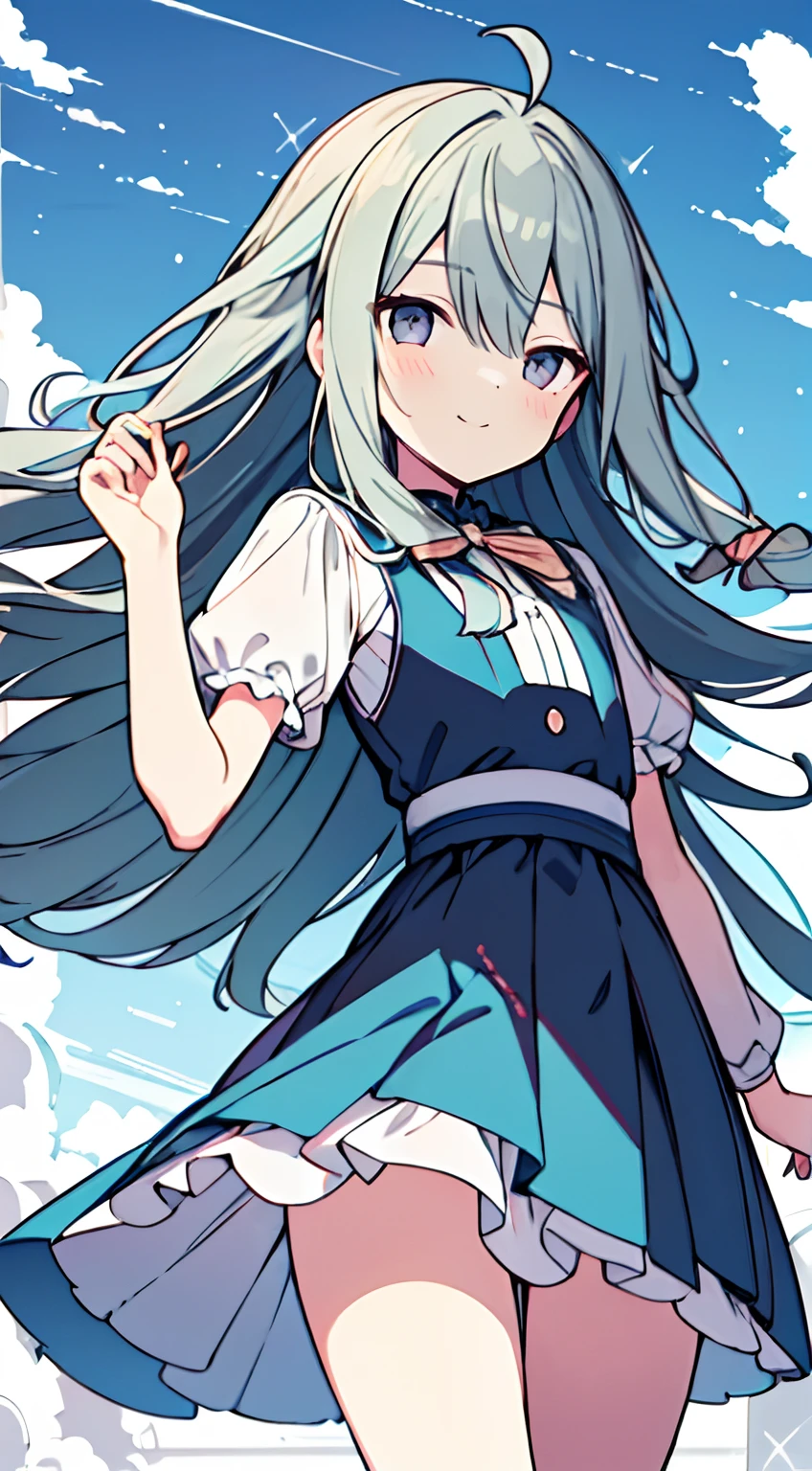 masuter piece, Best Quality,32K、Wallpaper, ultra -detail, Absurd beauty, 1beautiful girl、Big crisp eyes、Hair fluttering in the wind、Slender legs、Smaller head、miscievous smile、Angle looking up from below:1.3、♡♡♡